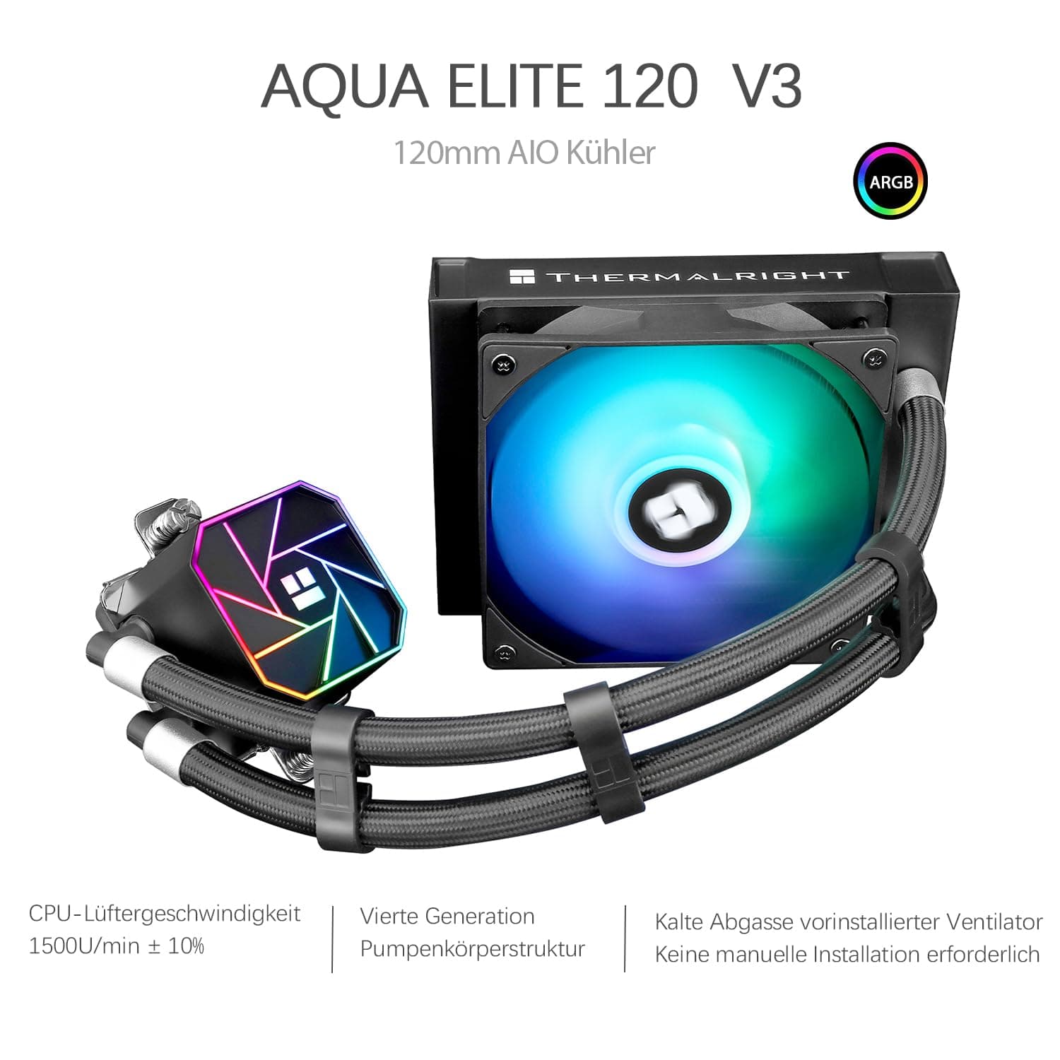 TR Thermalright Aqua Elite 120 V3 CPU Wasserkühlung Komplett-120 Spezifikation AIO PC Kühler,120mm ARGB Kühlventilator,Einfache Installation,Kompatibel mit AM5/AM4, LGA1851/1700/115X/1200/2011 Bild 3