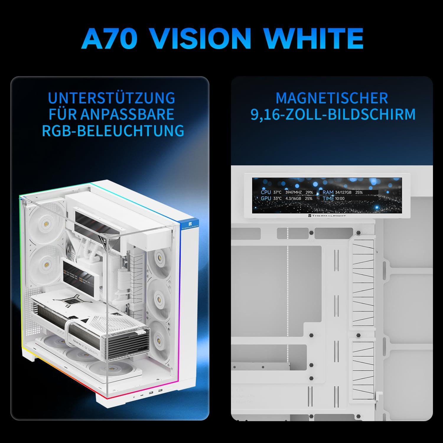 Thermalright A70 Vision Weiß PC Gehäuse mit 9,16-Zoll-Display, Panorama-Sicherheitsglas, ATX-Tower Unterstützt ATX-Mainboard/42cm-Grafikkarten,mit ARGB-Lichtleiste und verstecktem Kabelmanagement Weiß-A70 Vision White Bild 7