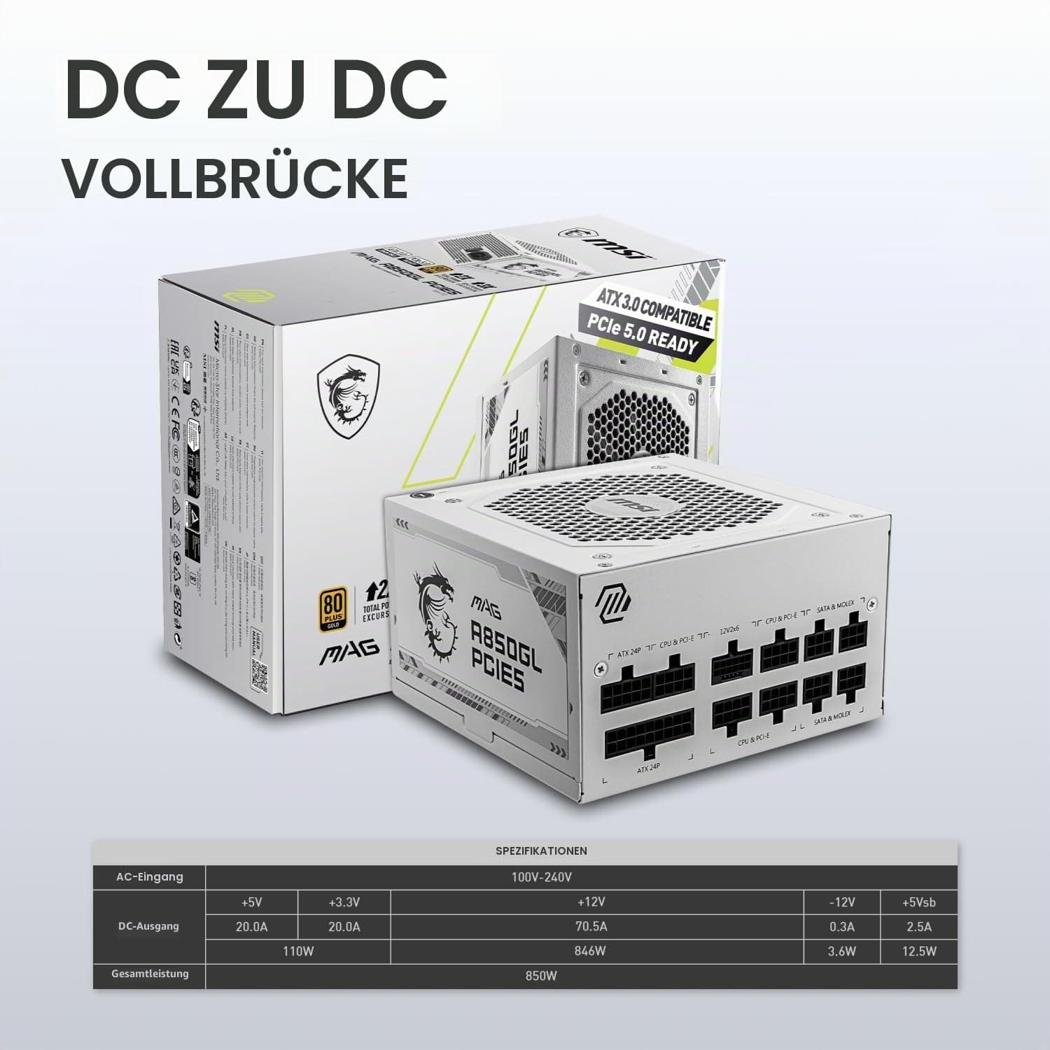 MSI MAG 850GL PCIE 5 White Gaming Netzteil – voll modular – 80 Plus Gold Zertifiziert 850 W – kompakte Größe – ATX-Netzteil MAG A850GL PCIE5 WEISS Bild 5