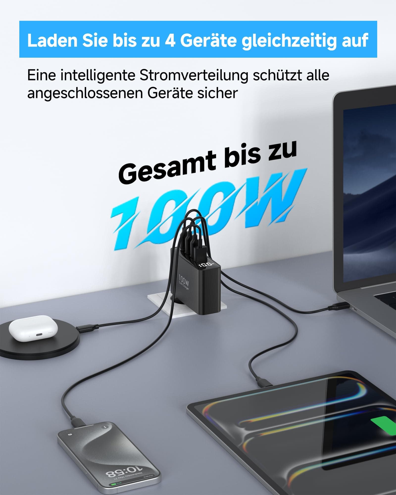 100W USB C Ladegerät, 4-Port Schnellladegerät mit LED Display, USB-C Netzteil GaN Charger PD/PPS für MacBook Pro/Air, für iPhone 17/16 Pro/iPad, Galaxy S25/S24, für HP/Lenovo/Acer/Lpatop, Schwarz EU-Stecker Schwarz Bild 7