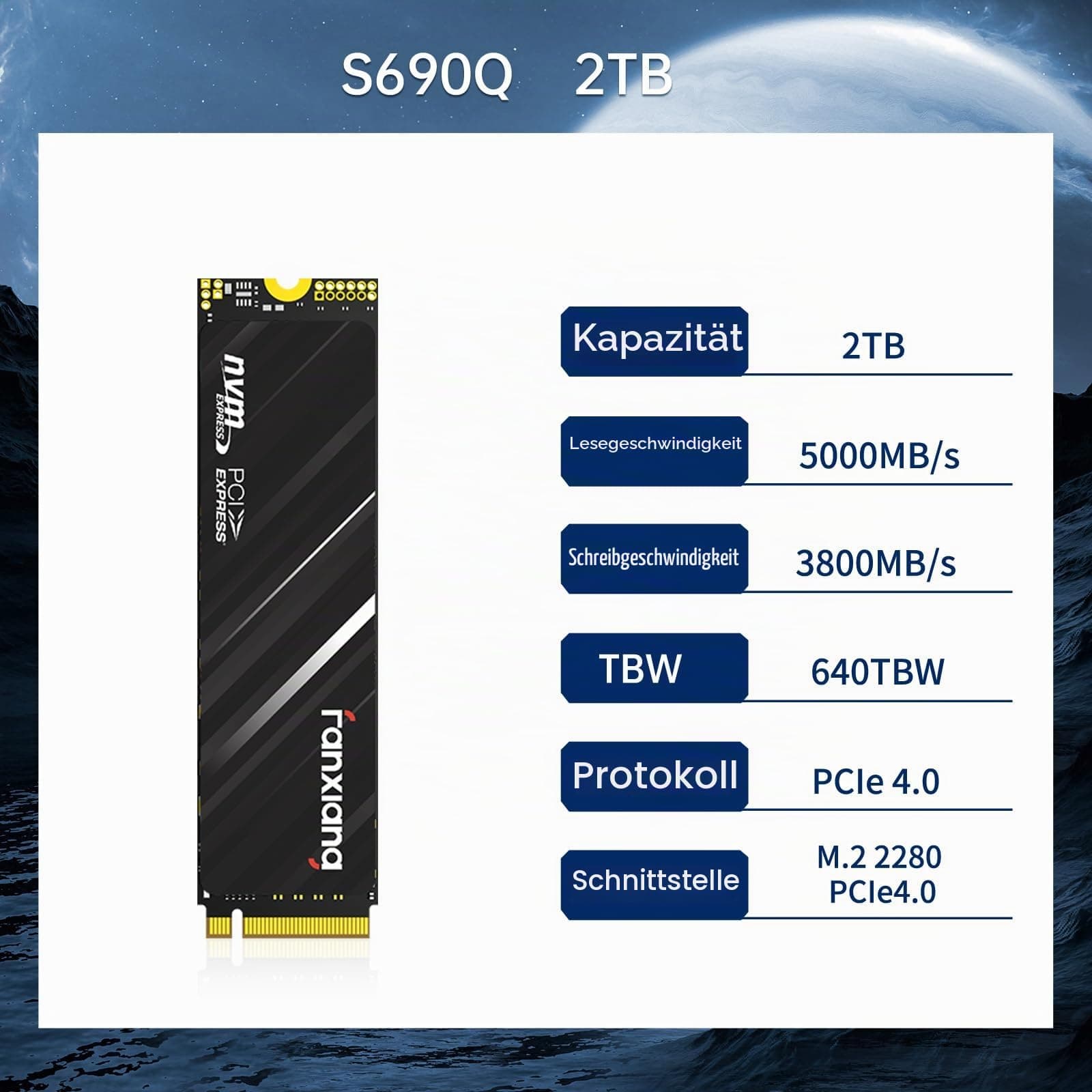 fanxiang NVMe SSD 2TB, M.2 PCIe Gen4x4 Gaming Solid State Drive mit SLC Cache, 5000 MB/s Lesen, 3800 MB/s Schreiben, Interne SSD, Festplatte für Datenübertragung S690Q Bild 3