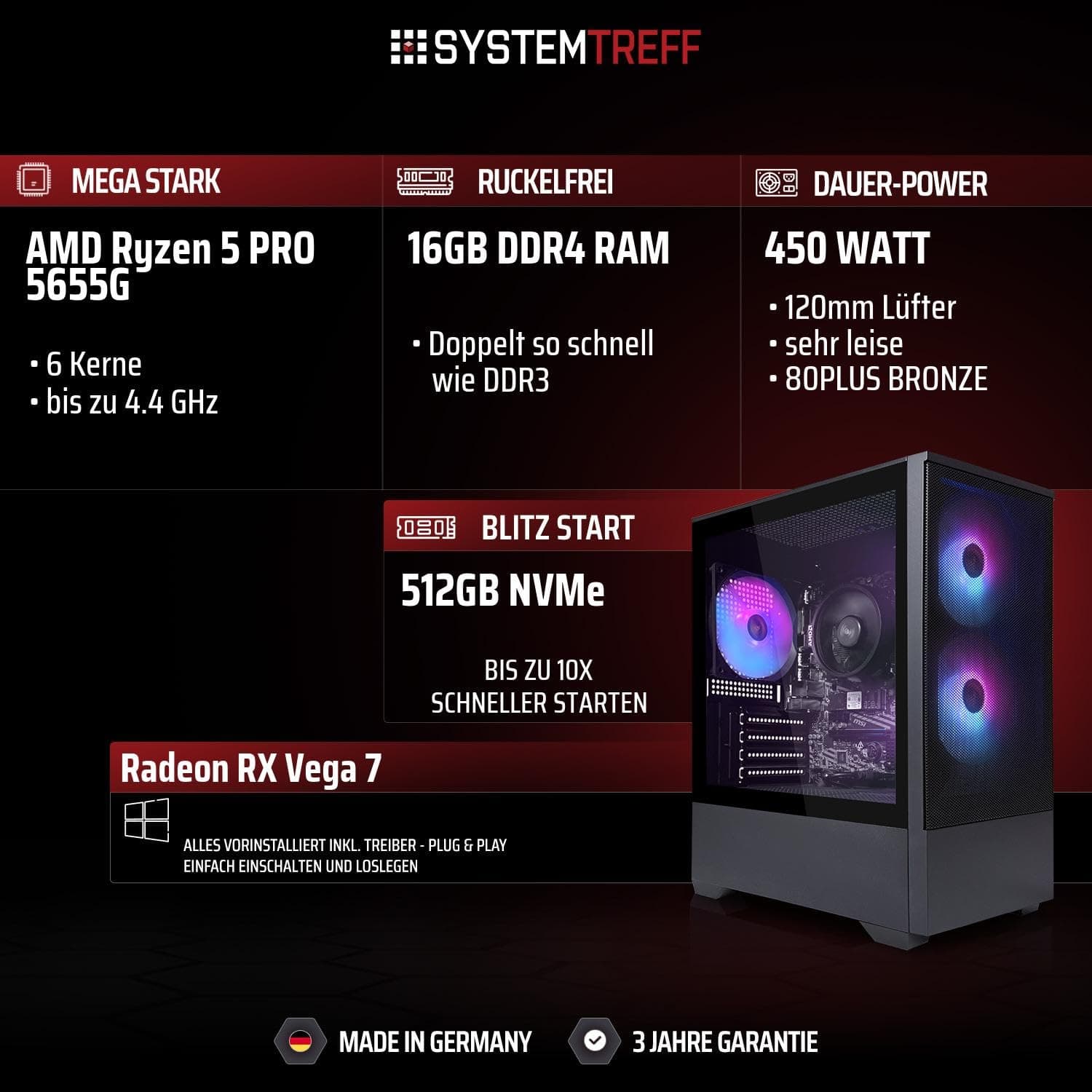 SYSTEMTREFF Basic Gaming PC AMD Ryzen 5 PRO 5655G 6x4.4GHz | Radeon RX Vega 7 4K HDMI DX12 | 512GB M.2 NVMe | 16GB DDR4 RAM | WLAN Desktop Computer Rechner für Gamer, Zocker Bild 2