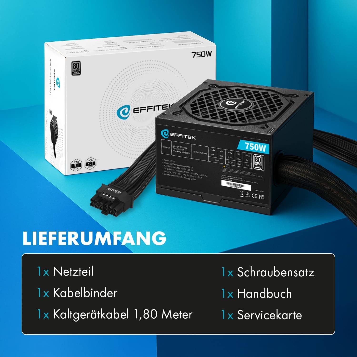 750 Watt Netzteil für PC Gaming ATX 3.1 und PCIe 5.1 kompatibel [Silber Serie] 80 Plus Silber I 12V Netzteil I für PC Gehäuse ATX I Power Supply I ATX Netzteil I 12V 2x6 Kabel GPU I leise Bild 7