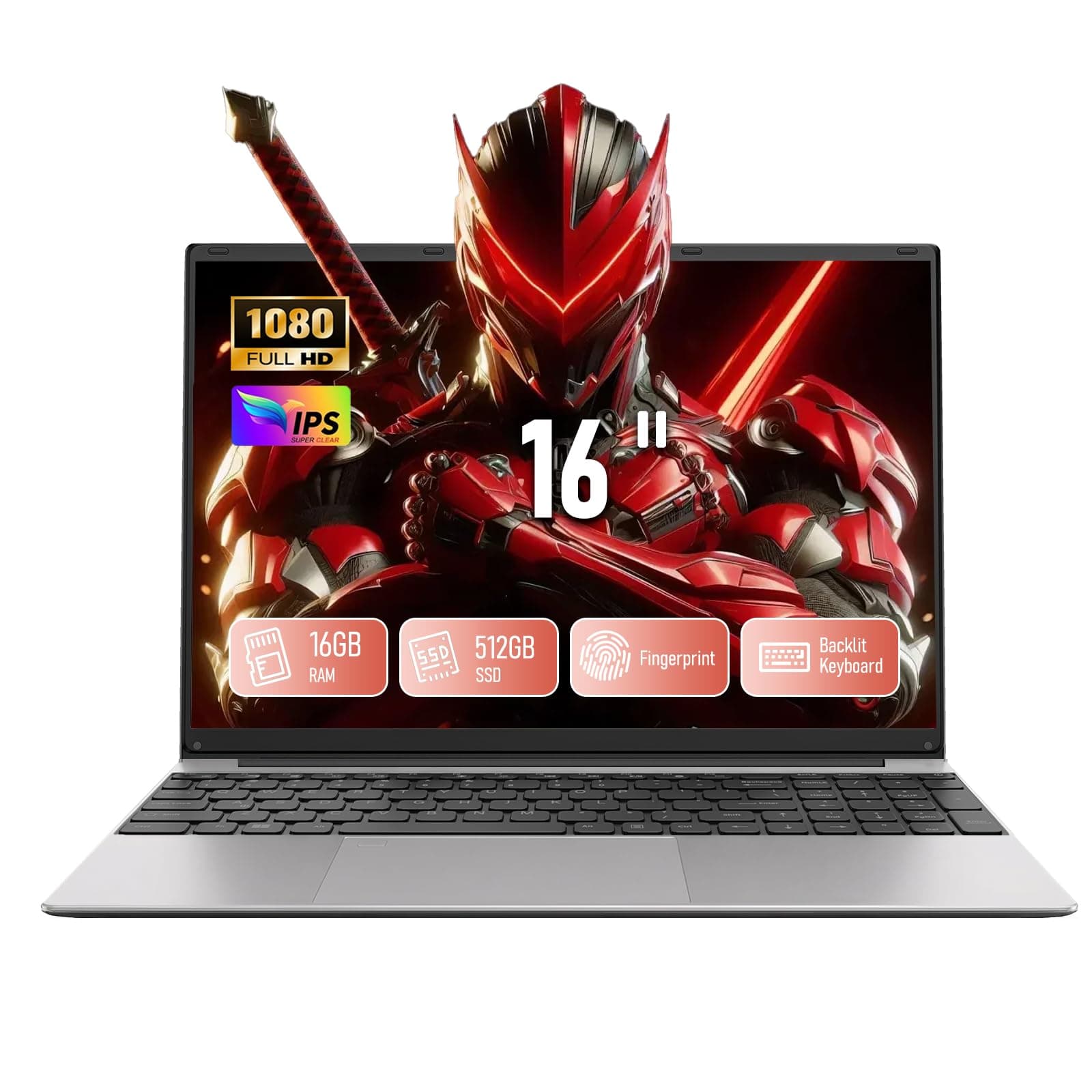 Laptop 16 Zoll, 16GB RAM 512Go SSD Prozessor N95 (bis 3,4 GHz) Große Akkulaufzeit 180° Bildschirm, Notebook Win 11 für Studenten und Arbeit Touch ID WiFi5 BT