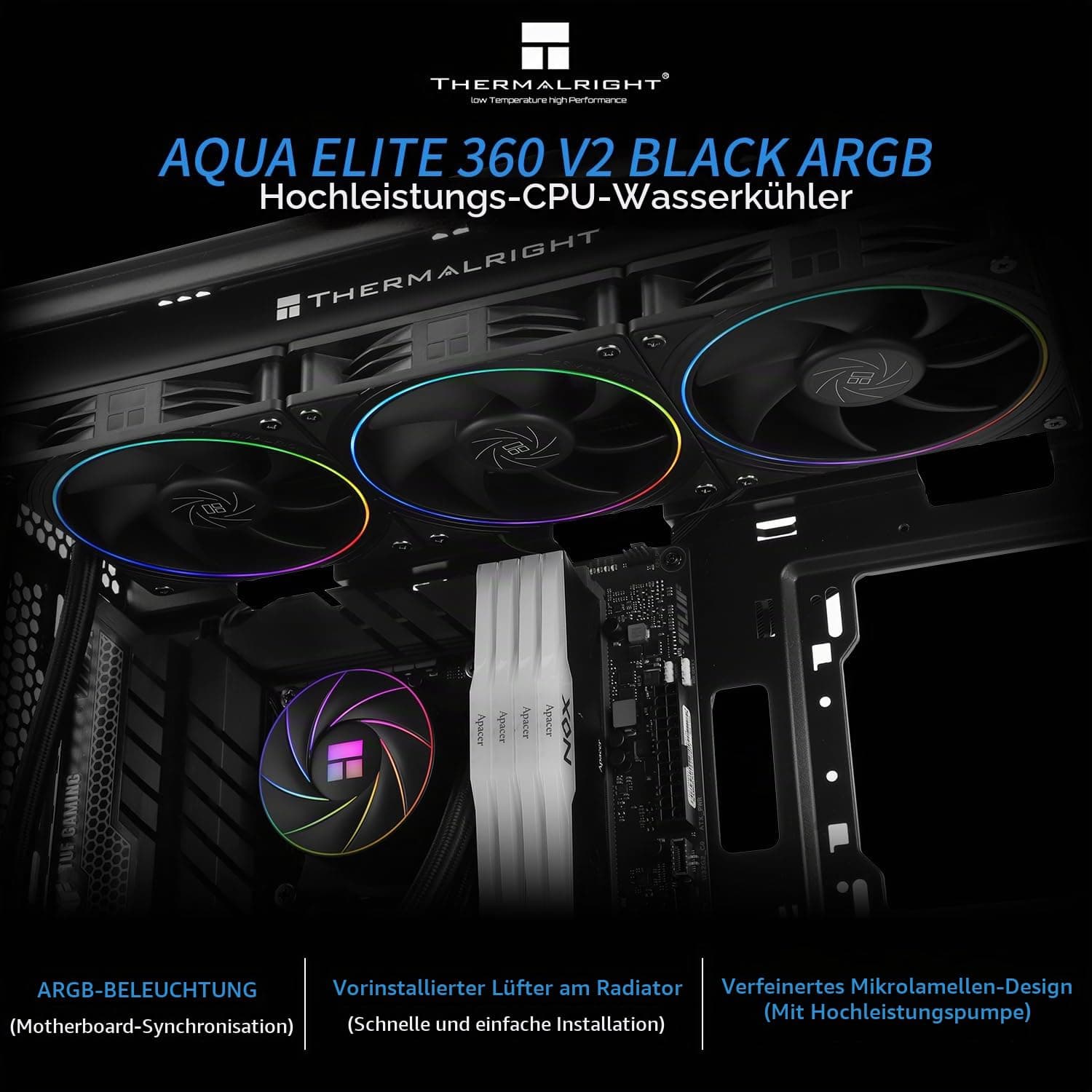 THERMALRIGHT Aqua Elite 360 ARGB V2 CPU Wasserkühler, 360 Aio CPU Kühler, 3 x120mm PWM Lüfter, S-FDB Lager, ARGB Fine Aperture Effect, für AMD/AM4/AM5, Intel LGA1150/1151/1200/2011/1700/2011 Bild 3