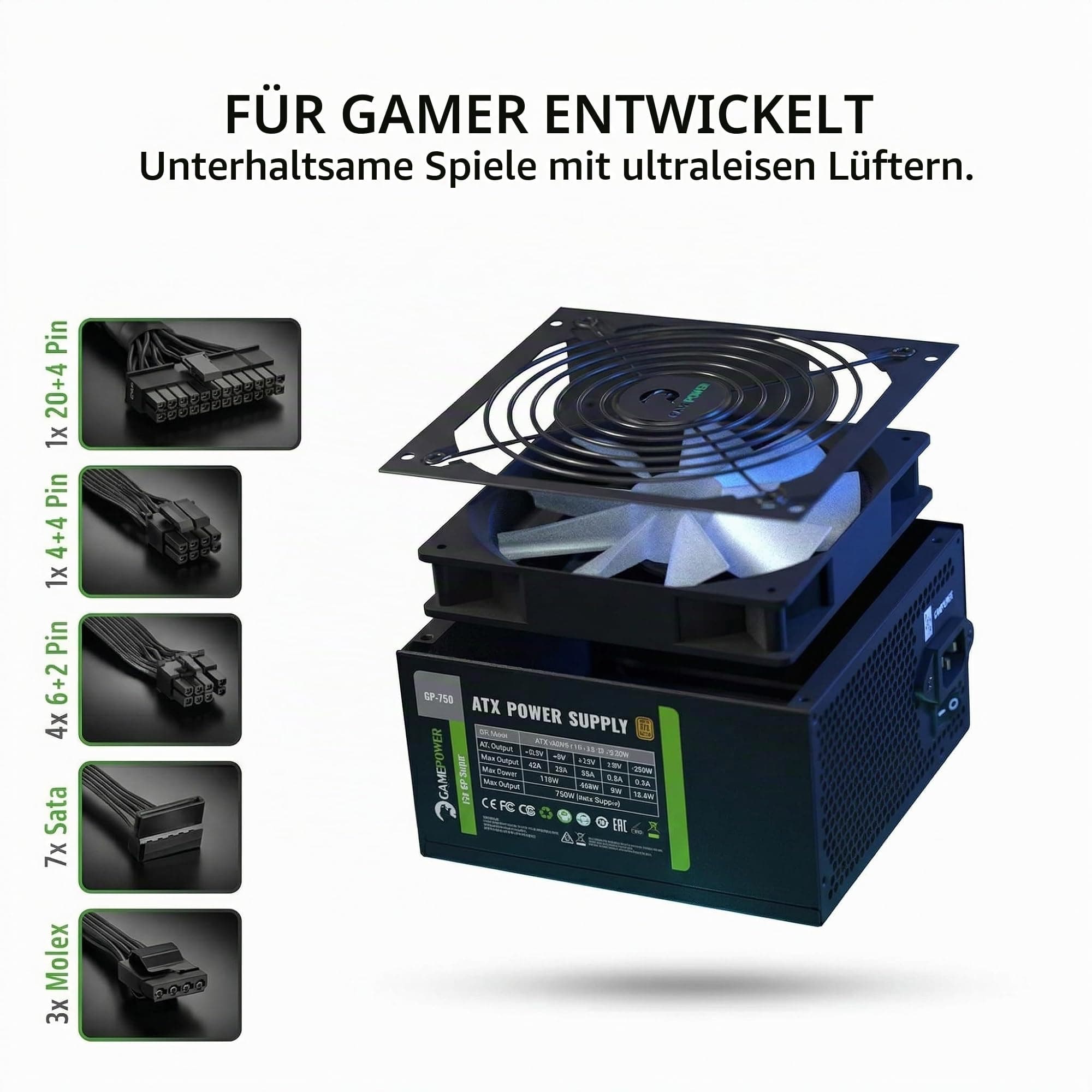 GAMEPOWER GP-650 ATX Netzteil, 650W, 80 Plus Bronze Zertifiziert, Ultra-leise 140-mm Lüfter, Aktive PFC-Effizienz, Effizienz von bis zu 85%, Gaming PC Power Supply Non-modular 650 Watt Bild 3