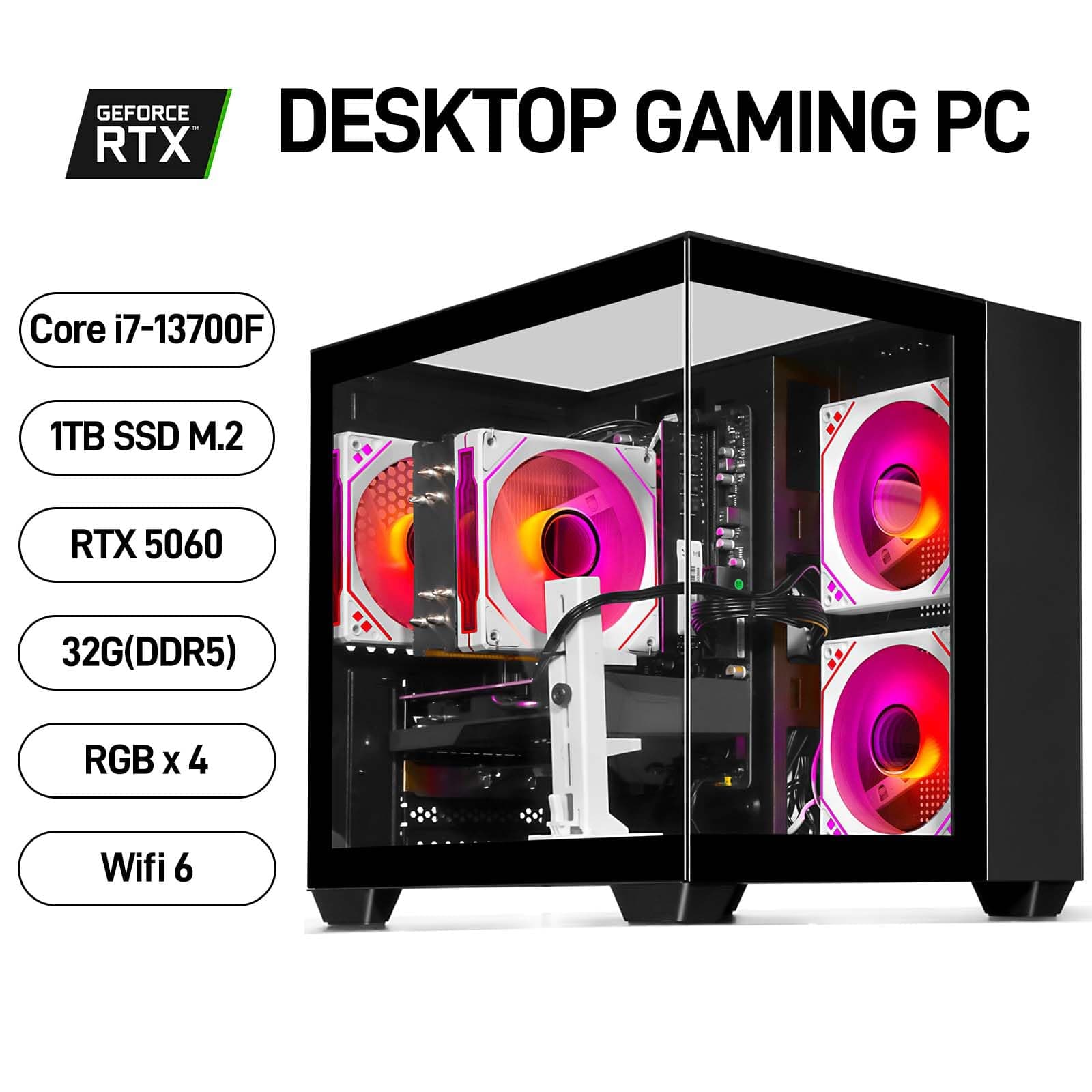 LXZ Gaming-Desktop-Computer mit Core i7-13700F, 32 GB 5600 MHz DDR5-RAM, 1TB SSD, GeForce RTX 5060-Grafikkarte – Hochleistungs-Gaming- & Design-Computer Schwarz Bild 5