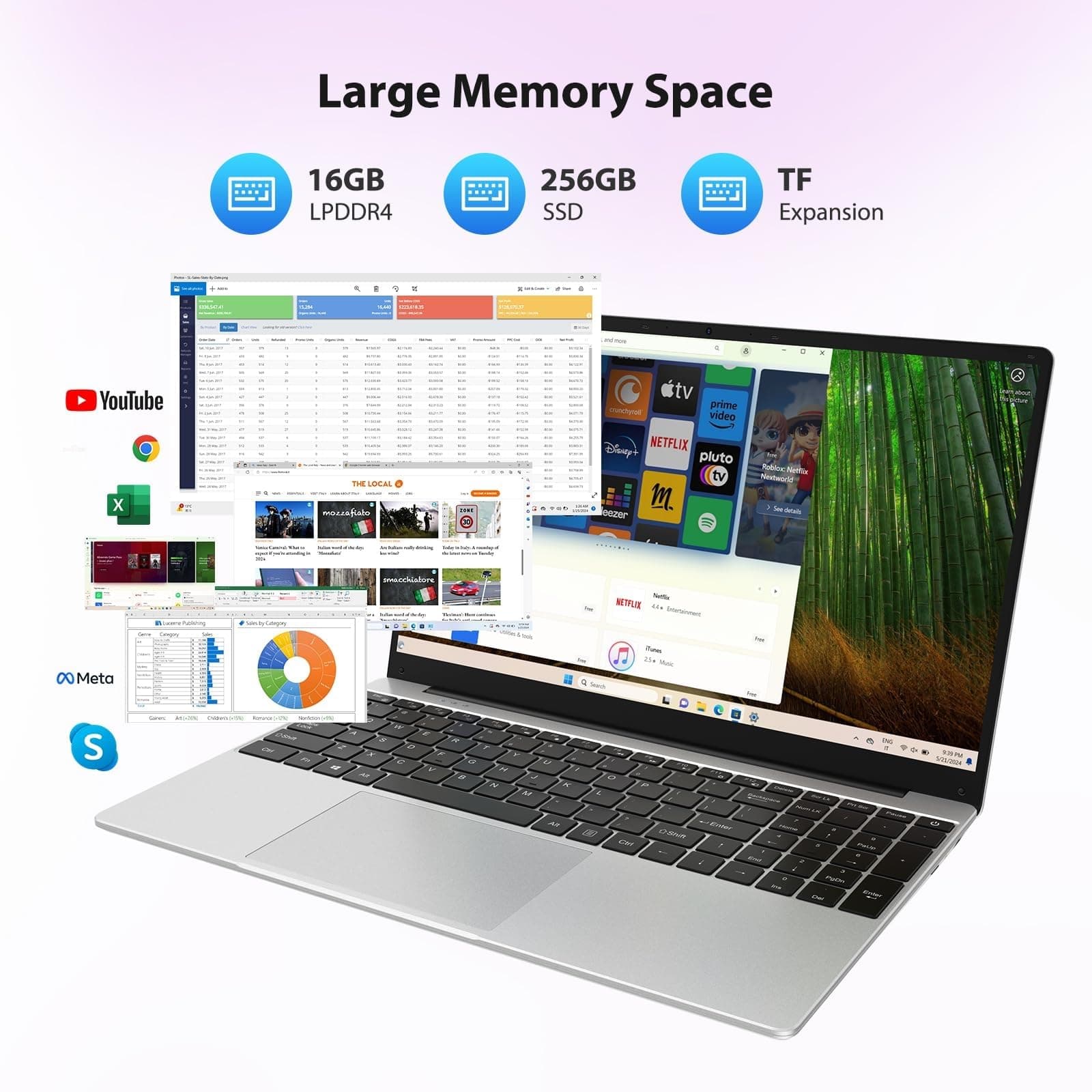 15,6 Zoll Laptop, Quad-Core N95(bis 3,4 GHz), 16GB RAM, 512GB SSD, Full-HD Display, beleuchtete Tastatur mit Nummernblock, 2,4G/5G WLAN, Bluetooth 5.0, Win 11 Notebook für Arbeit, Studium & Homeoffice Perlgrau Bild 4
