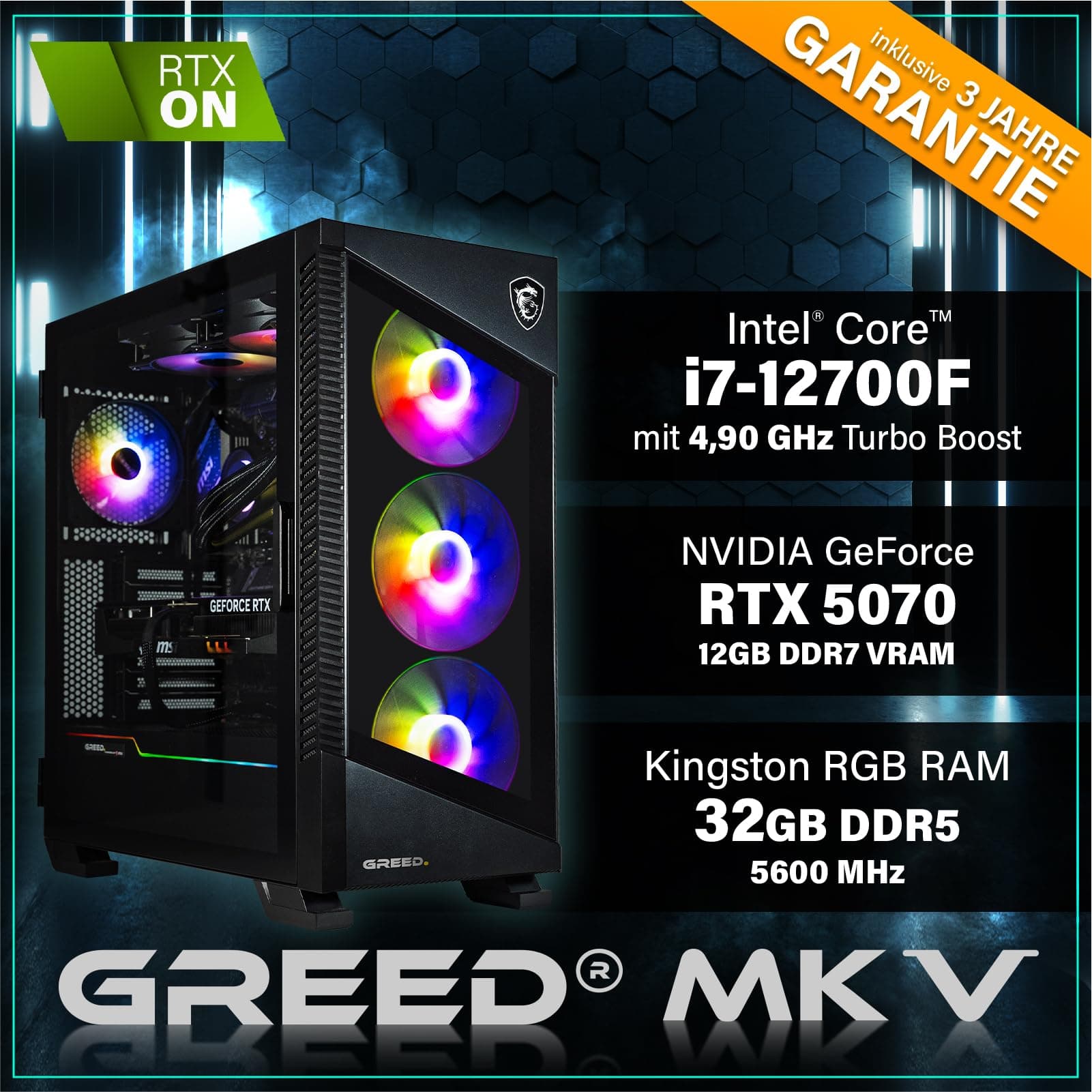 Greed® MK5 - High End Gaming PC - Intel Core i7 12700F + Nvidia Geforce RTX 5070 12GB - Schneller RGB Computer + 4K Raytracing Rechner - 4,9 GHZ - 32 GB DDR5 RAM - 1TB SSD - WLAN + W11 Pro MK5 | 5070 INTEL Bild 3