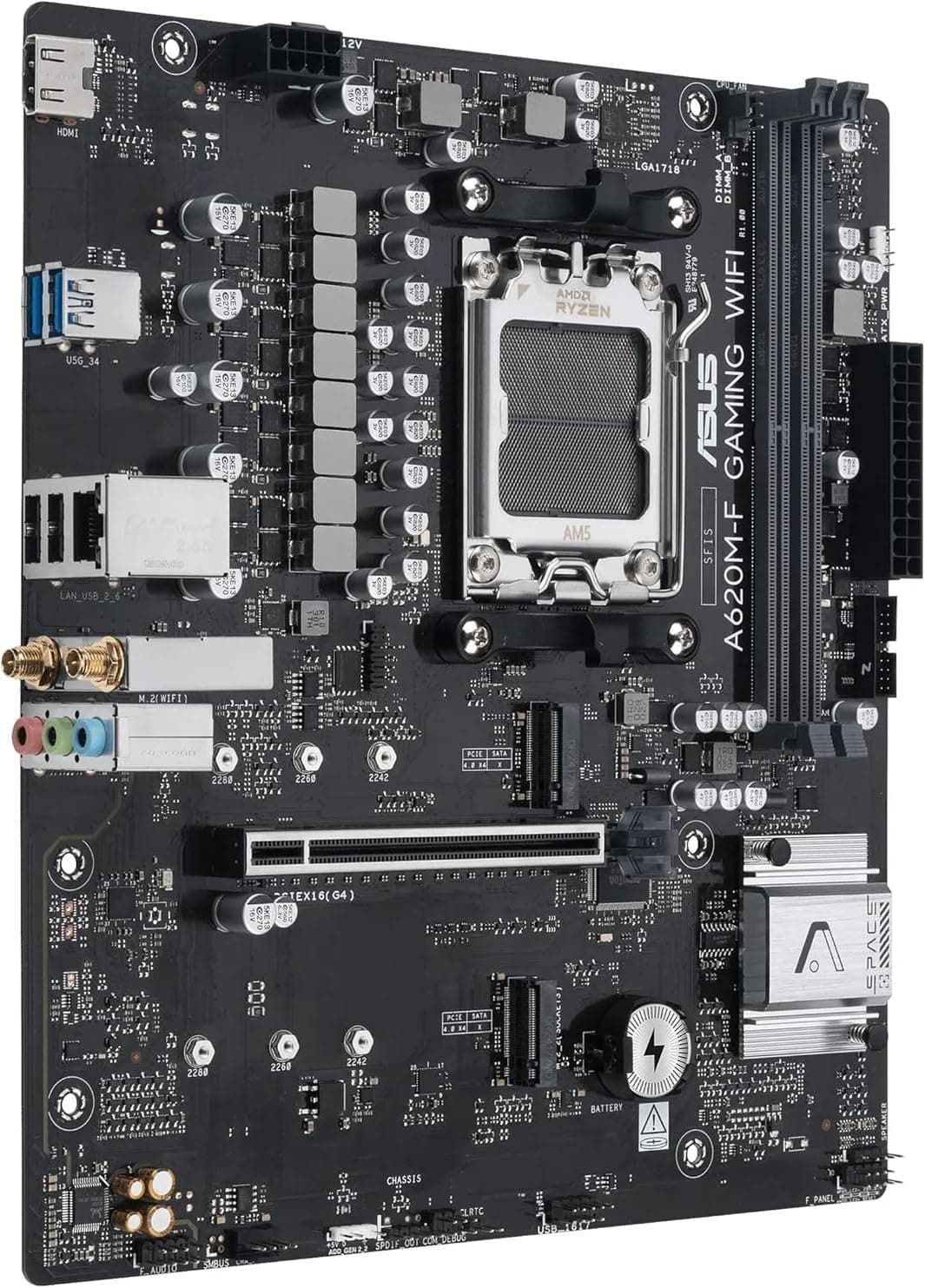 ASUS A620M-F Gaming WiFi Mainboard, AMD mATX, DDR5, 2X M.2 PCIe 4.0, HDMI, 2.5GB Ethernet, USB 3.2 Gen 1 Type-A, SafeSlot Core+, Q-DIMM, Q-LED Core, Q-Slot, ASUS 5X Protection III, Armoury Crate Bild 5
