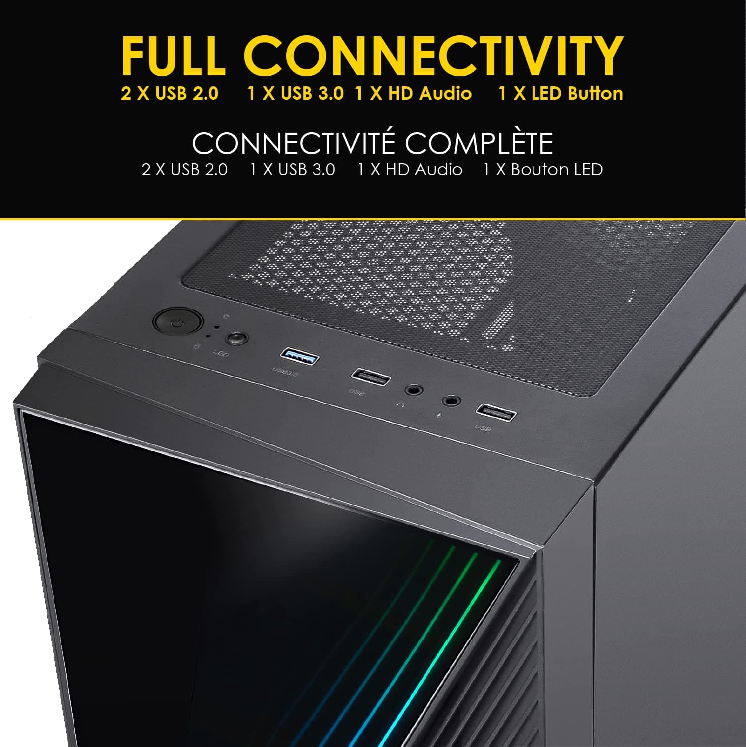 EMPIRE GAMING – PC-Gehäuse Gamer Crystal – ARGB Mittelgroßer Tower ATX, Micro ATX und ITX – 3D-Spiegel-Effekt – Lüfter RGB adressierbar 1 x 120 mm 3 Pin/ 5 Volt LEDs und 1 x 120 mm Standard – Schwarz Bild 3