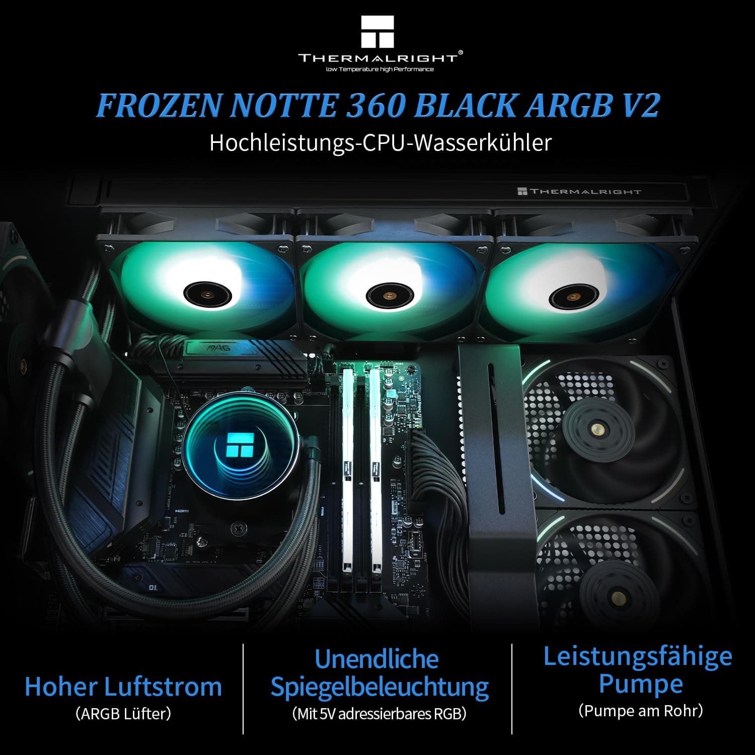 Thermalright Frozen Notte 360 Schwarzer Argb V2 Wasserkühlung CPU-Kühler,360 Spezifikation CPU Flüssigkühler,doppelte PWM-Lüfter,S-FDB-Lager,geeignet für AM4/AM5,Intel LGA 1851/1700/115x/1200/2011 360mm Black Bild 3