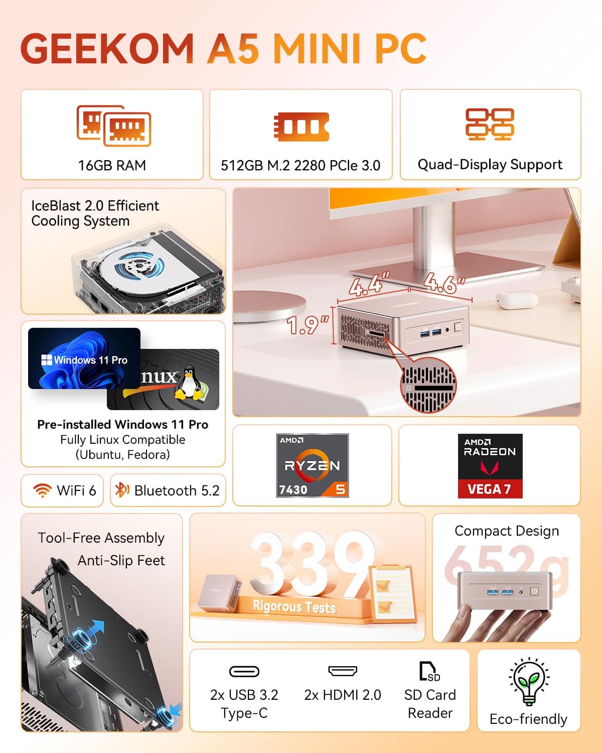 GEEKOM Mini PC A5 2026 Neu mit AMD Ryzen 5 7430U,16GB RAM(Erweiterbar, Nicht LPDDR) 512GB SSD, Windows 11 Pro Ultra-leiser Kompakter Desktop-PC mit Dual HDMI 8K-Ausgang & SD-Slot für Business/Büro A5 R5 7430U(16GB+512GB) Bild 2