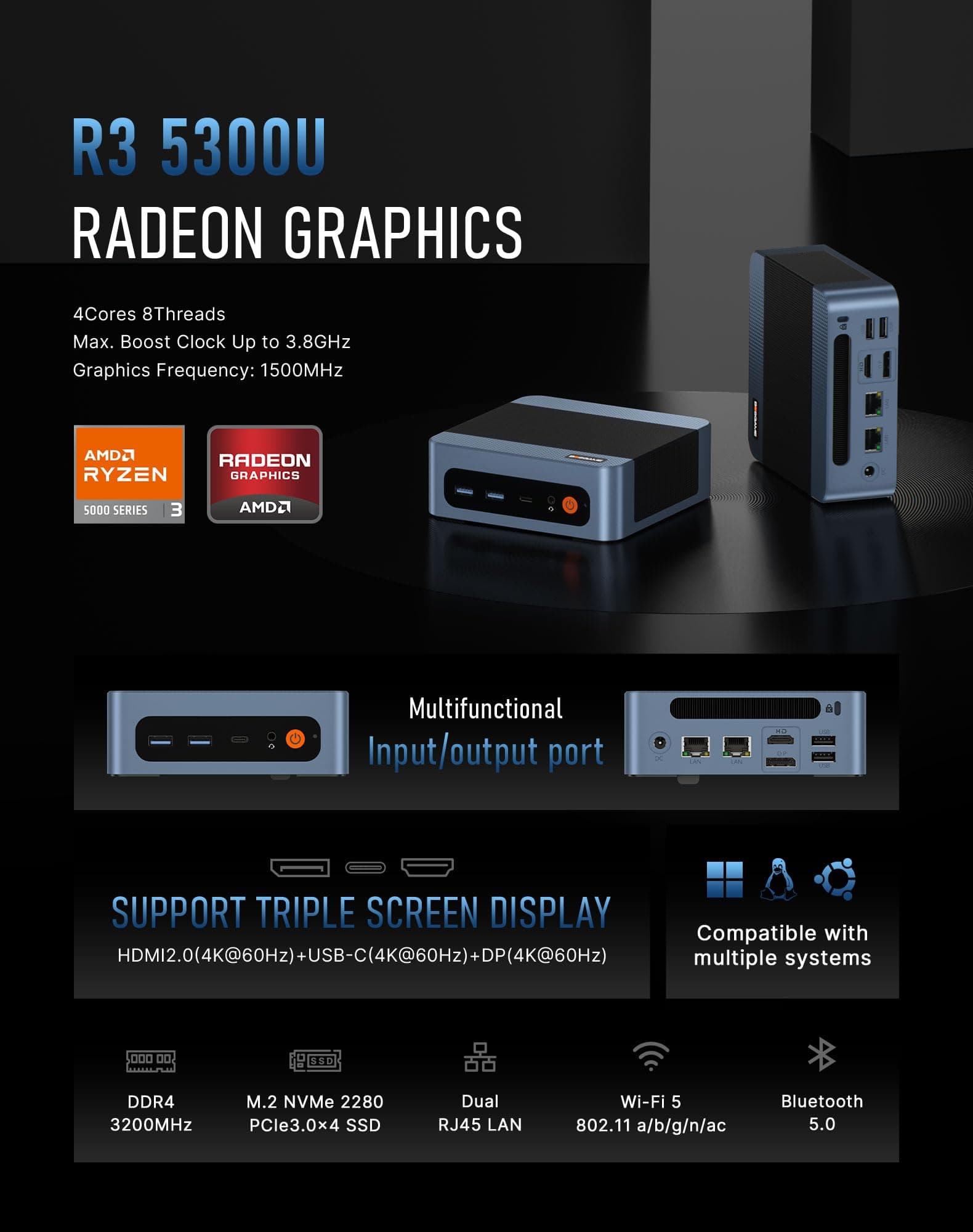 BOSGAME Mini-PC E5 mit AMD Ryzen 5300U, 16 GB DDR4 RAM 1TB SSD(64G+4TB), mini pc Win 11 Pro, Dual LAN, Triple-4K-Display, WiFi 5/BT 5.0, Ultra-leiser kompakter Desktop-PC, Homeoffice und Zuhause 5300U 16+1T Bild 2
