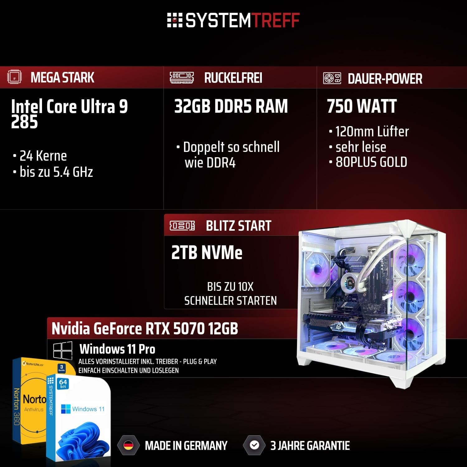 SYSTEMTREFF High-End Gaming PC weiß Intel Core Ultra 9 285 8x5.4GHz | Nvidia RTX 5070 12GB | 2TB M.2 NVMe | 32GB DDR5 RAM | Windows 11 | Desktop Computer Rechner für Gamer, Zocker & Streamer Bild 2