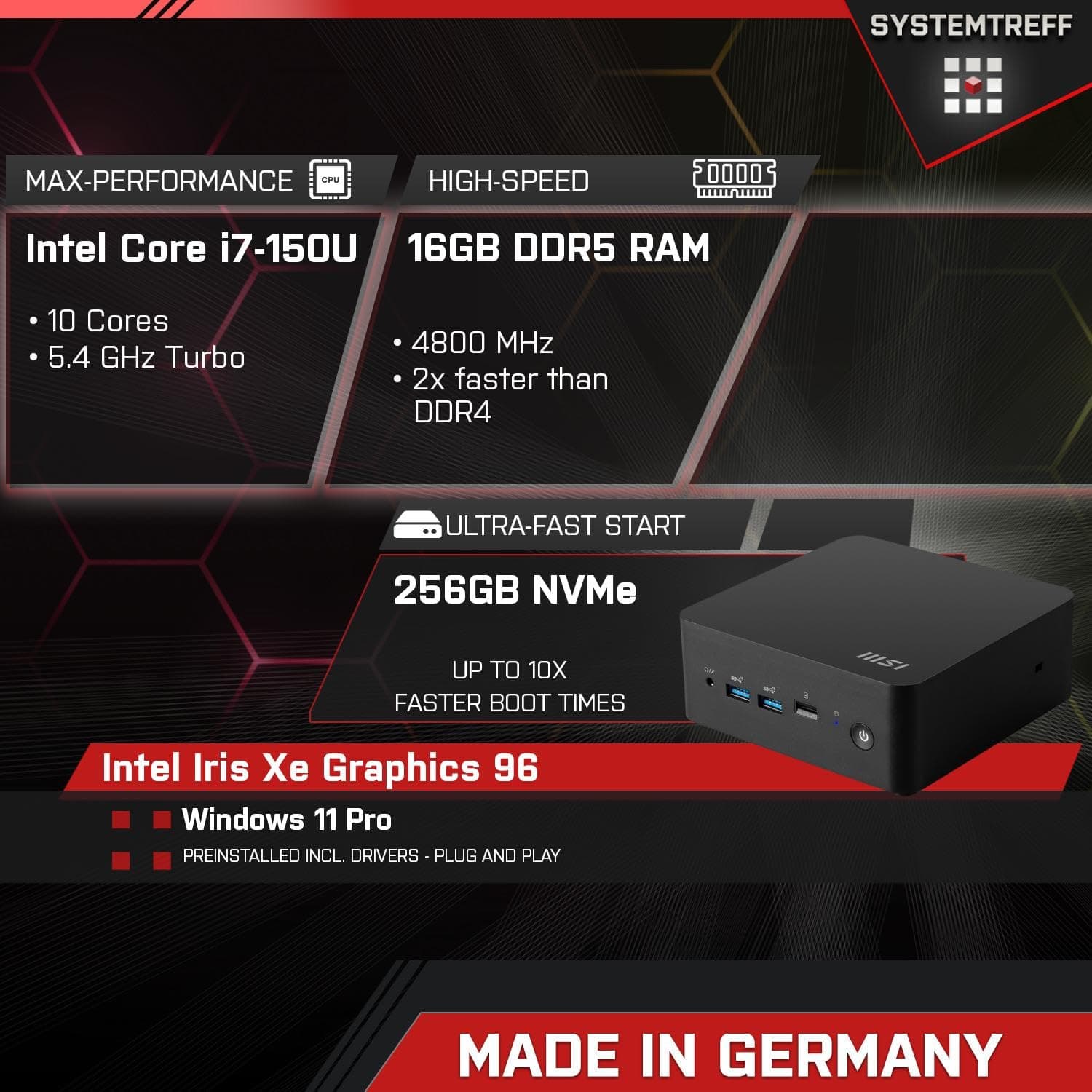 SYSTEMTREFF Intel NUC PC Intel Core i7-150U 10x5.4GHz | Iris Xe 96 4K HDMI DX12 | 256GB M.2 NVMe | 16GB DDR5 RAM | Windows 11 | WLAN Silent Desktop Computer Rechner für Büro Business Multimedia Bild 2