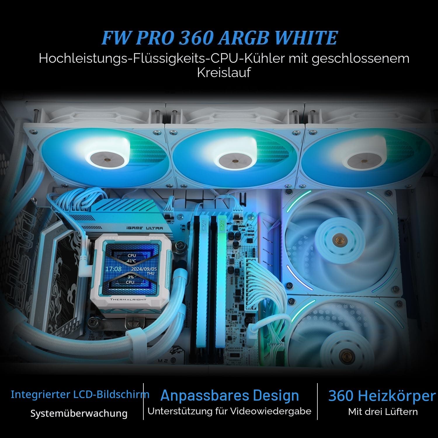 TR FW PRO 360 ARGB MEW CPU AIO Cooler,IPS LCD Display mit 320 x 320 Auflösung, für AM5 und Intel 1700/1851, Leistungsstarke 360 Specs wassergekühlt mit abnehmbarem 2,73-Zoll-Display Bild 3