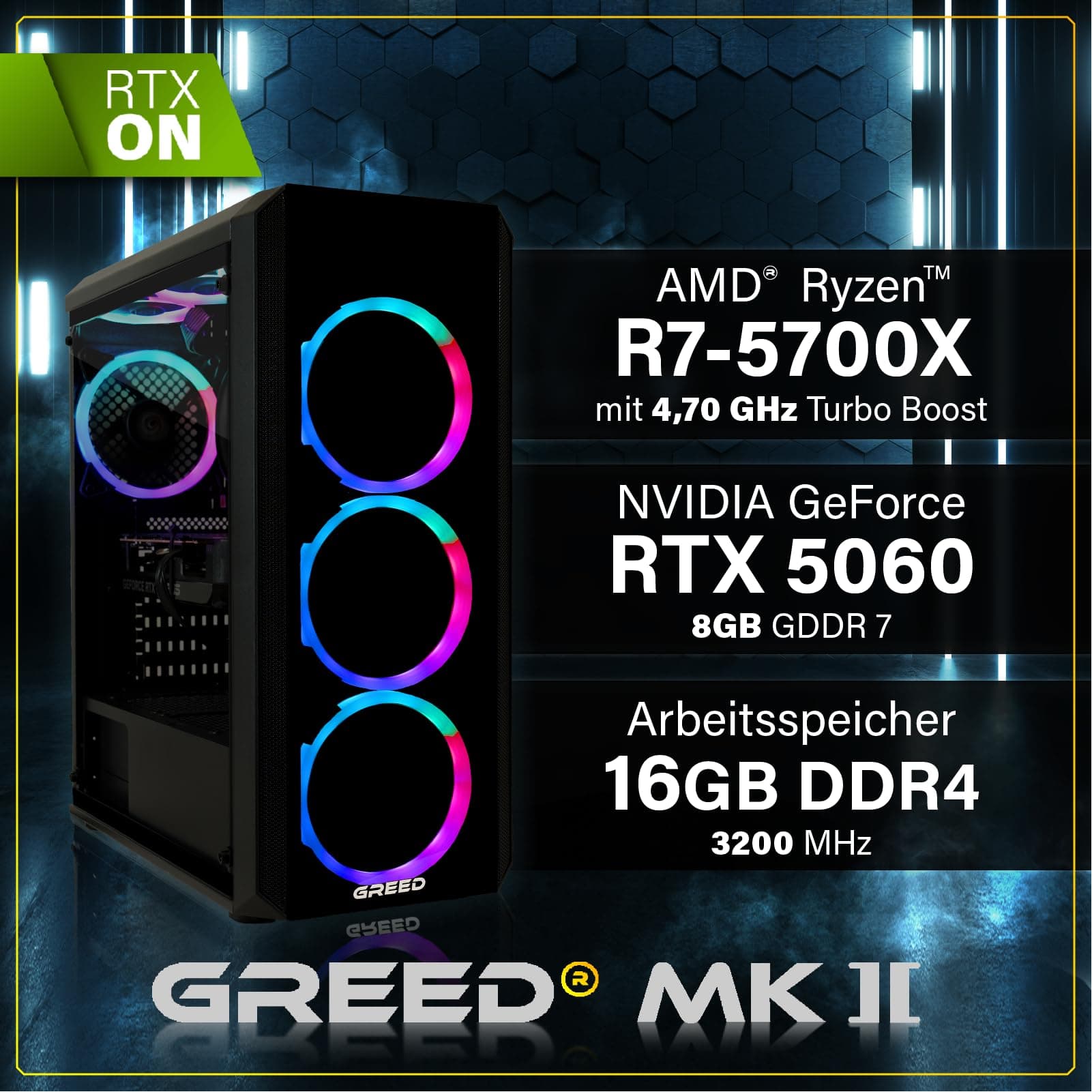 Greed® MK2 - High End Gaming PC - AMD Ryzen 7 5700X & Nvidia Geforce RTX 5060 Ti (8GB) - Ultra Schneller RGB Computer + 4K Raytracing Rechner mit 4,60 GHZ - 16 GB DDR4 RAM - 1TB SSD - WLAN + W11 Pro MK2 | RTX 5060 Ti AMD 16GB Bild 3