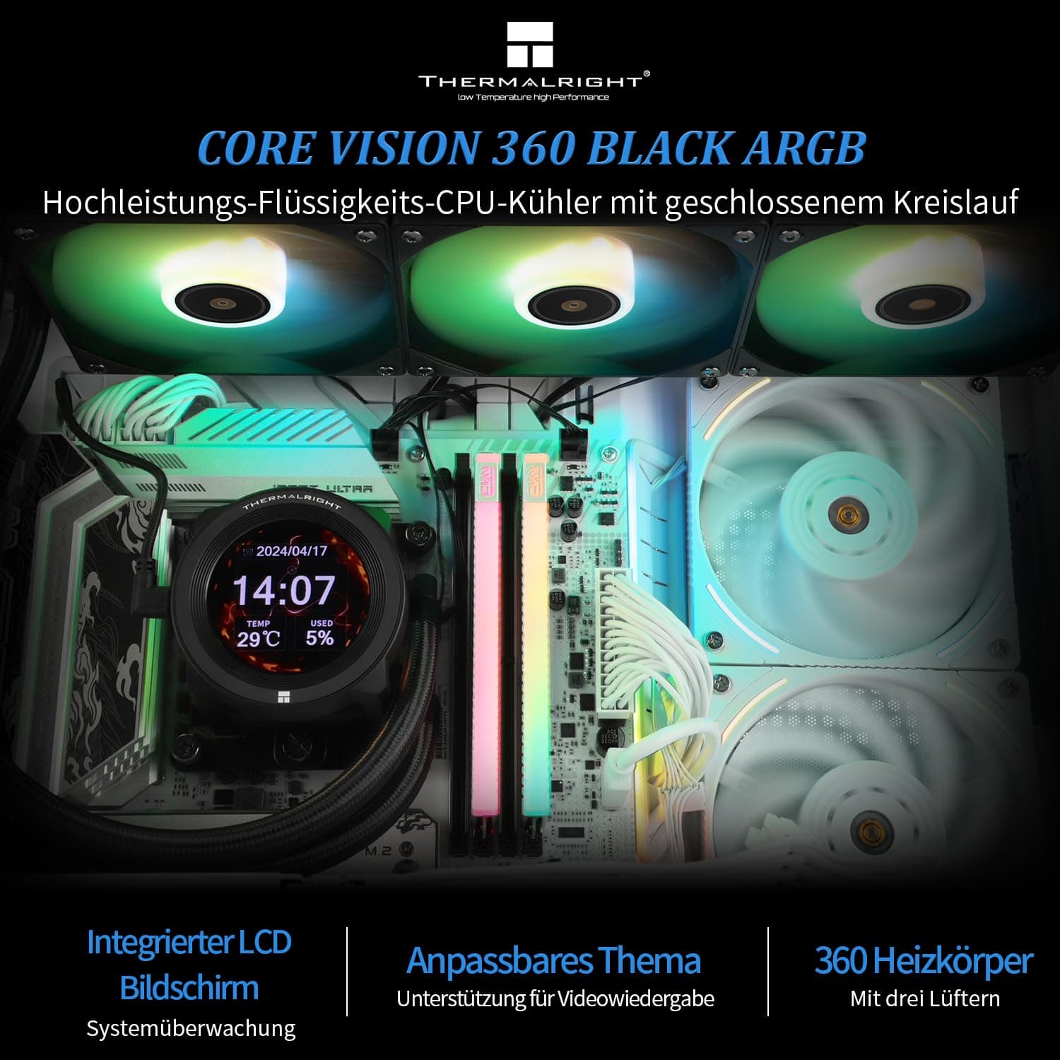 Thermalright CORE VISION 360 Schwarz ARGB-360mm AIO CPU-Flüssigkeitskühler, IPS LCD-Bildschirm mit 480 * 480 Auflösung,für AM4/AM5/Intel 1700/1851,'2.1 Zoll'Magnet-Absorber LCD-Bildschirm für Bilder CV360 BLACK ARGB Bild 3