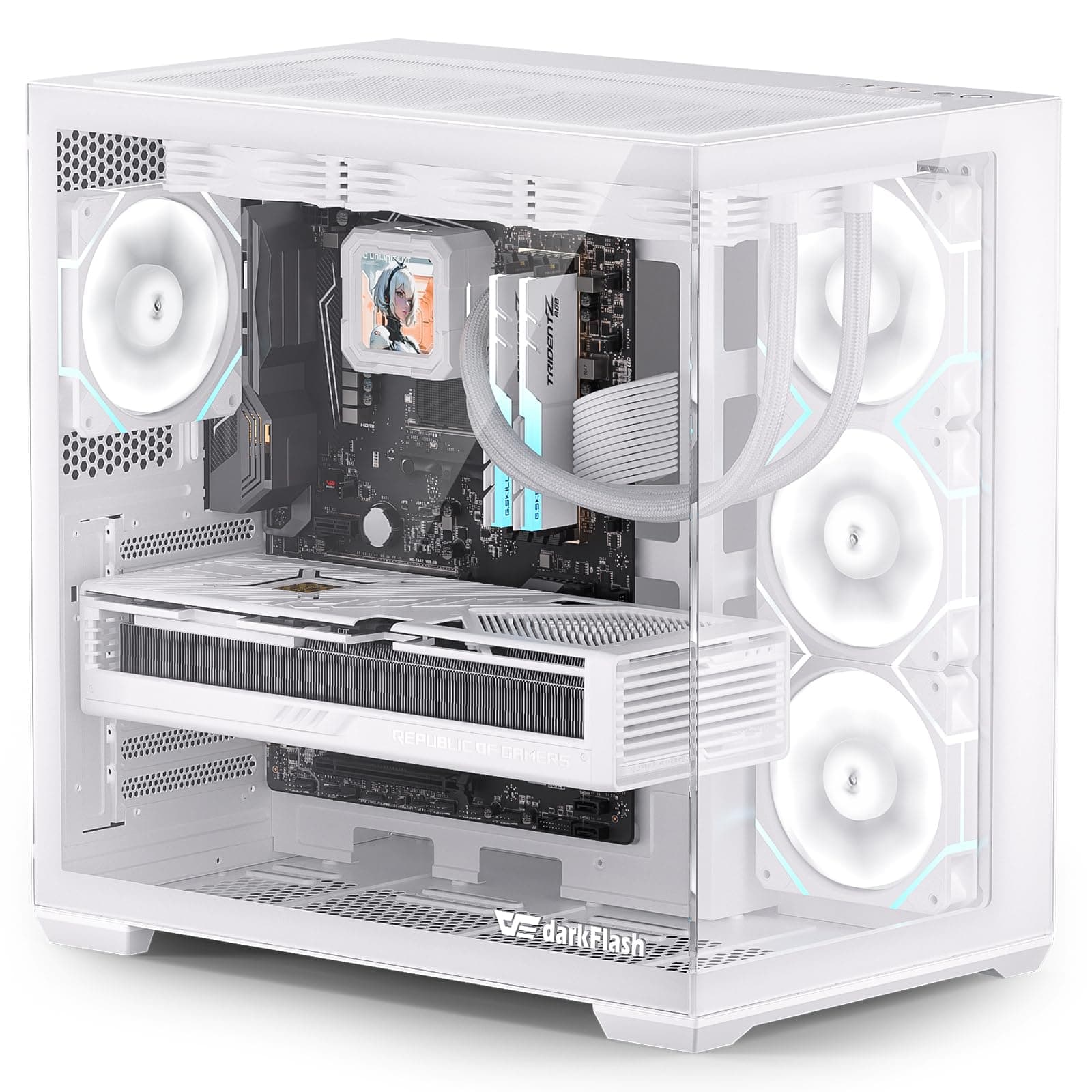 darkFlash C280 E-ATX PC-Gehäuse, Gaming-Gehäuse sechsseitiger Belüftung, Unterstützung bis zu 420mm AIO, vertikale GPU-Montage, Back-Connect, Typ-C, hoher Luftstrom, inklusive 4 PWM-Lüfter (Weiß)