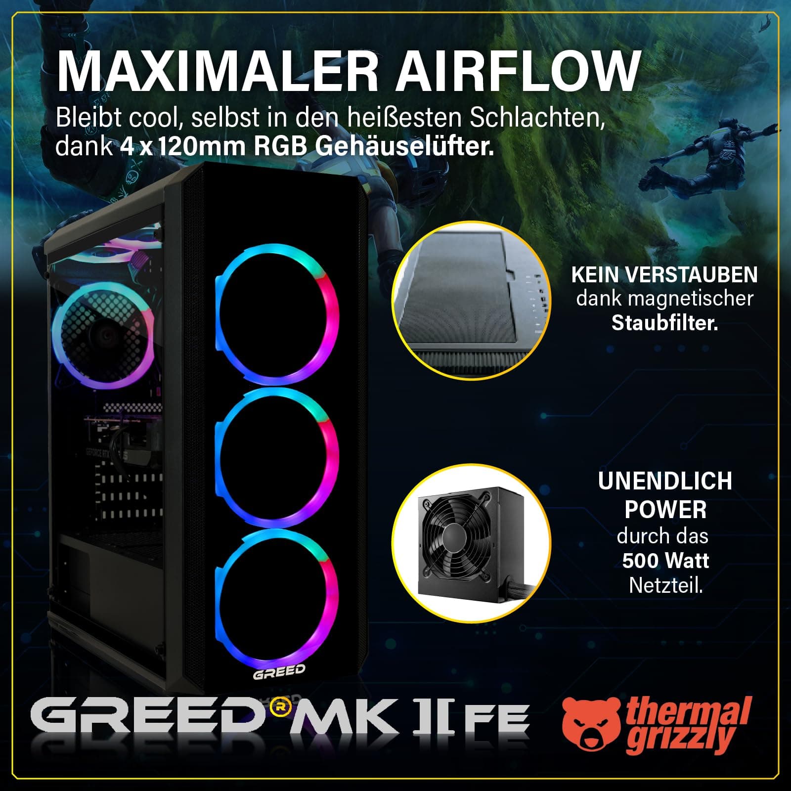 Greed® MK2 FE - Gaming PC - AMD Ryzen 5 5500 + RTX 5050 - Schneller RGB Computer + 4K Raytracing Rechner mit 4,2 GHz - 16GB DDR4 RAM - 512GB SSD + 500W Netzteil - WLAN + Windows 11 Pro MK2 FE | RTX 5050 AMD 16GB Bild 4