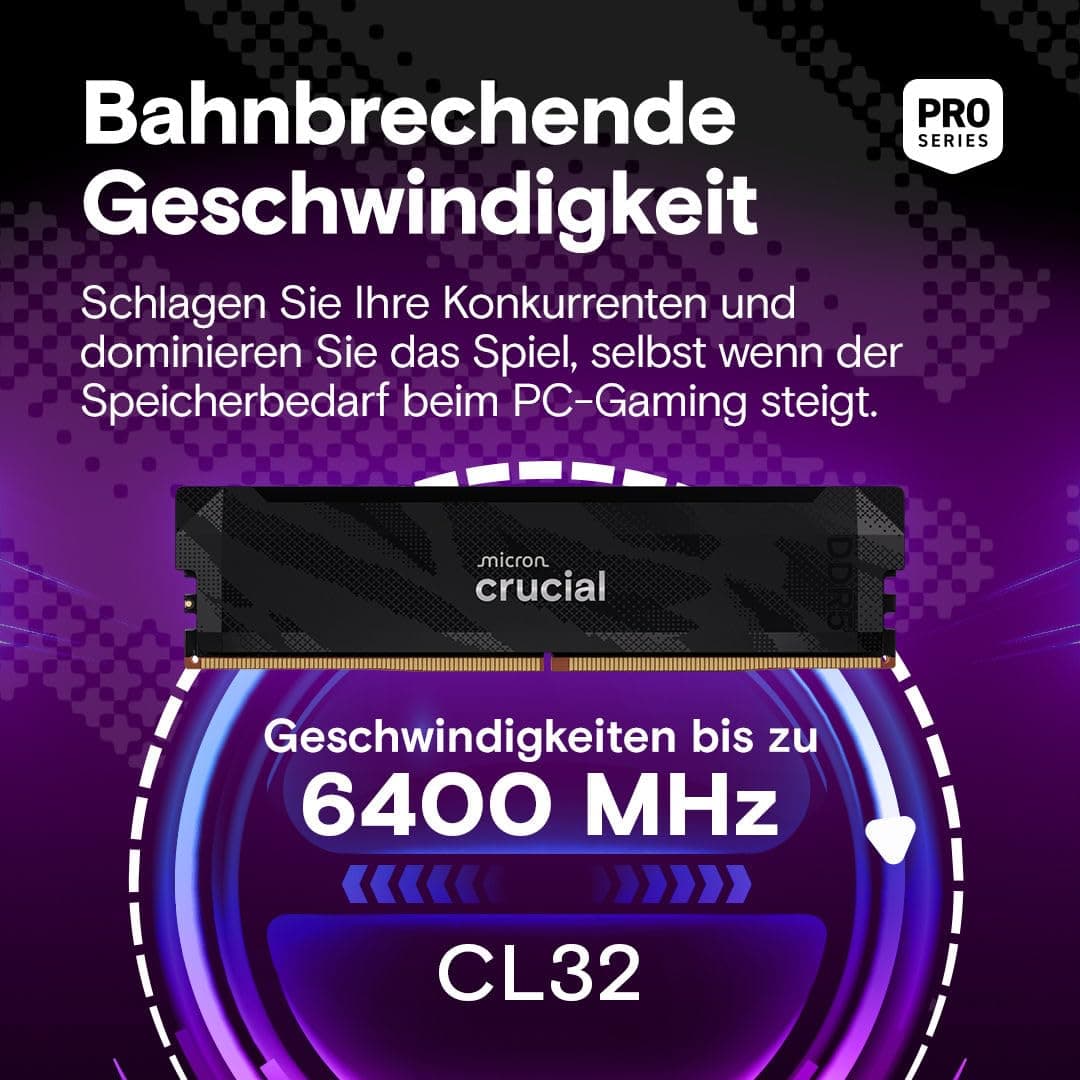 Crucial Pro DDR5 RAM 32GB Kit (2x16GB) 6400MHz CL32, Gaming PC Arbeitsspeicher, Intel XMP 3.0 / AMD Expo, Schwarz - CP2K16G64C32U5B Bild 3