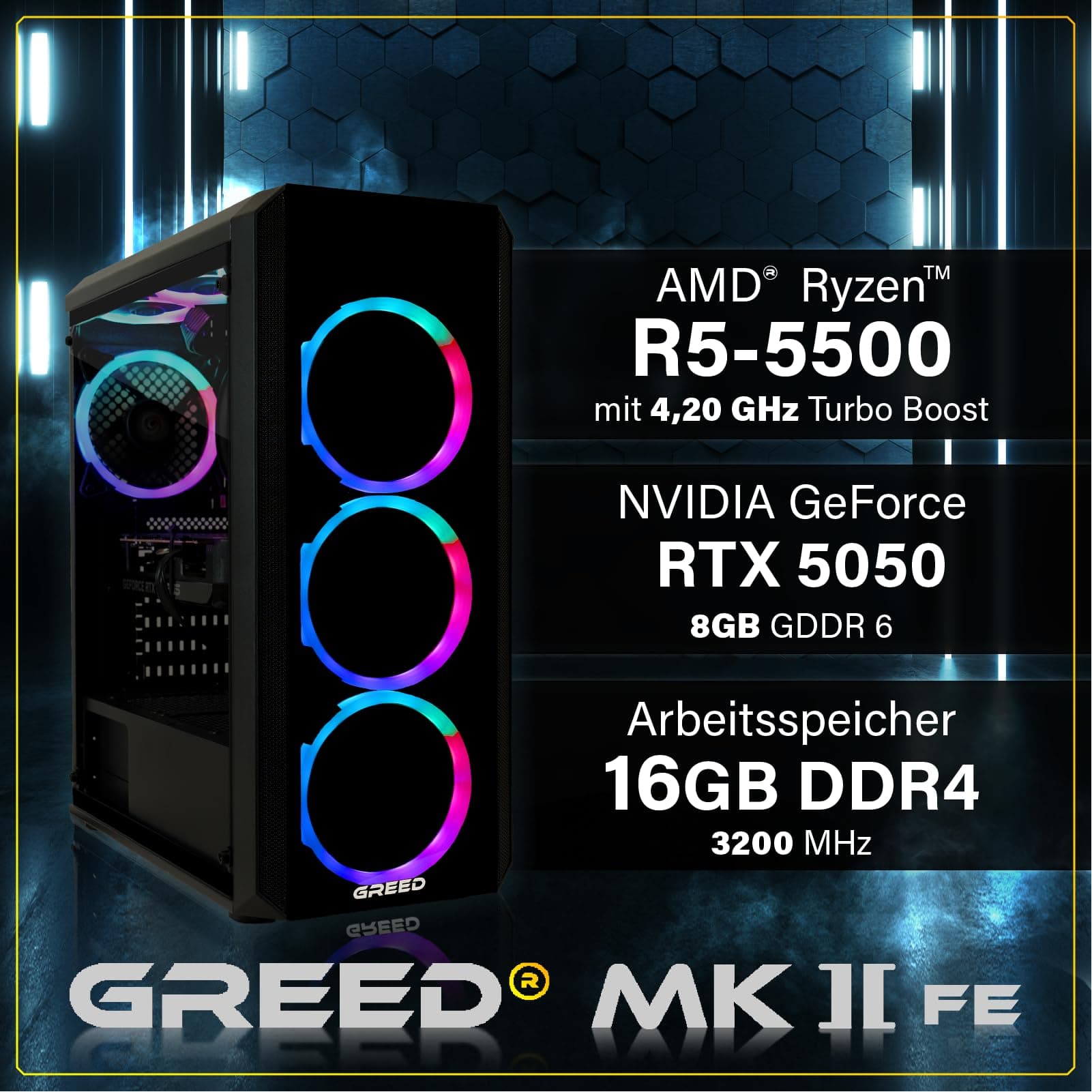 Greed® MK2 FE - Gaming PC - AMD Ryzen 5 5500 + RTX 5050 - Schneller RGB Computer + 4K Raytracing Rechner mit 4,2 GHz - 16GB DDR4 RAM - 512GB SSD + 500W Netzteil - WLAN + Windows 11 Pro MK2 FE | RTX 5050 AMD 16GB Bild 3