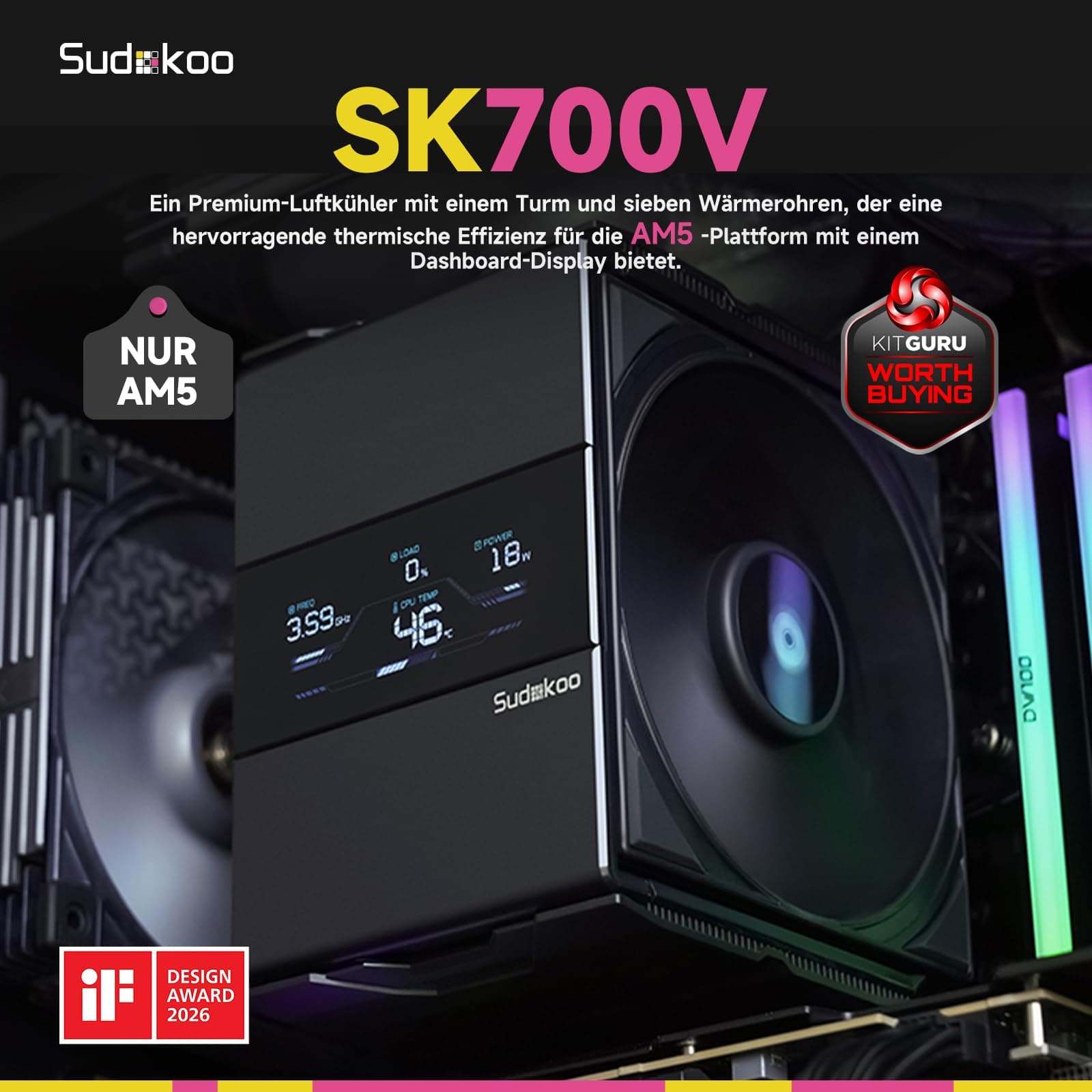 Sudokoo SK700V CPU Kühler AM5: PC Lüfter 120mm mit Display Digital &7 Heatpipes für AM5 Exklusiv - CPU Cooler mit 120mm Lüfter & Single Tower - Luftkühler van Volle RAM-Freiheit, 5 Jahre Garantie SK700V Schwarz Bild 3