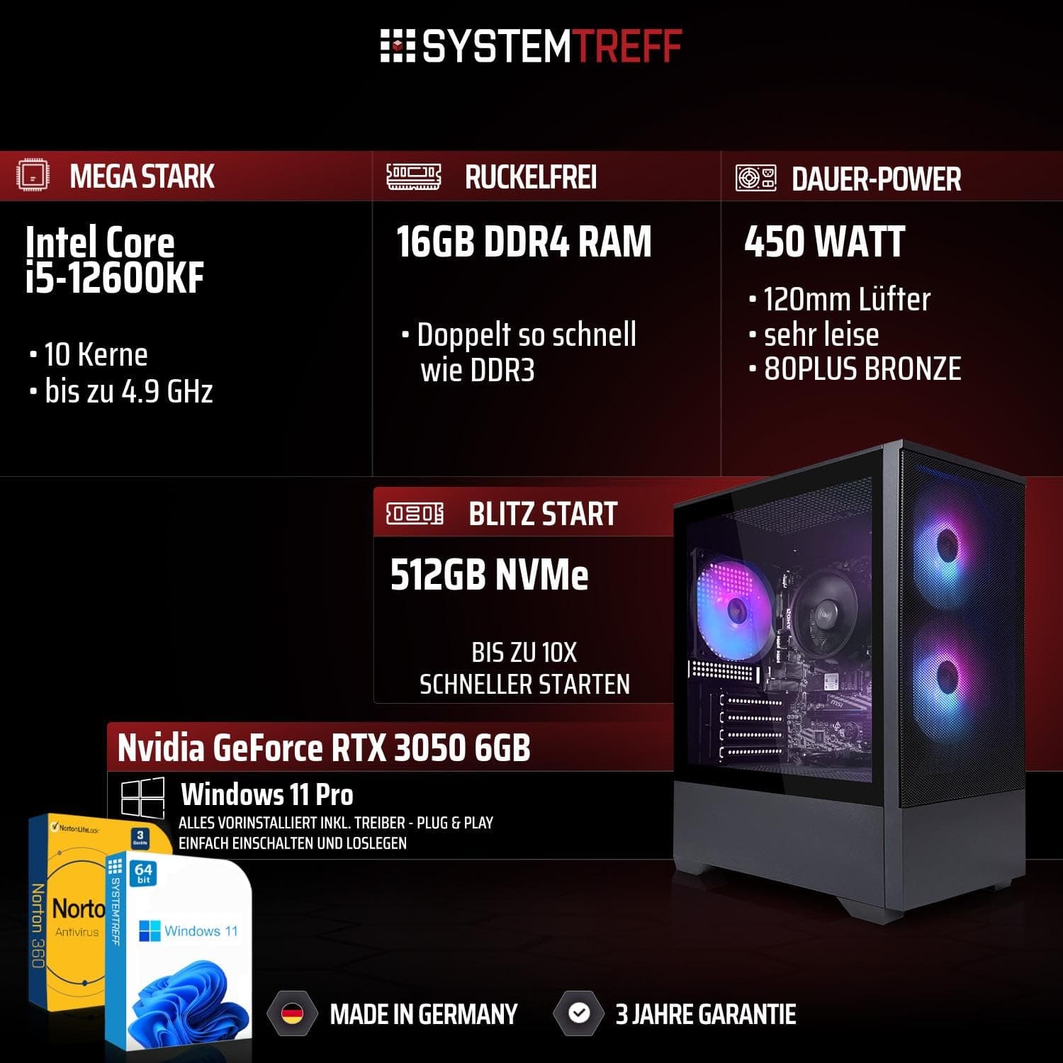SYSTEMTREFF Basic Gaming PC Intel Core i5-12600KF 6x4.9GHz | Nvidia RTX 3050 6GB DX12 | 512GB M.2 NVMe | 16GB DDR4 RAM | Windows 11 | Desktop Computer Rechner für Gamer, Zocker & Streamer Bild 2