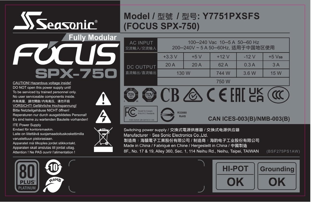 SeaSonic Focus SPX-750 750W ATX12V / SFX12V 80 Plus Platinum, Black Bild 5