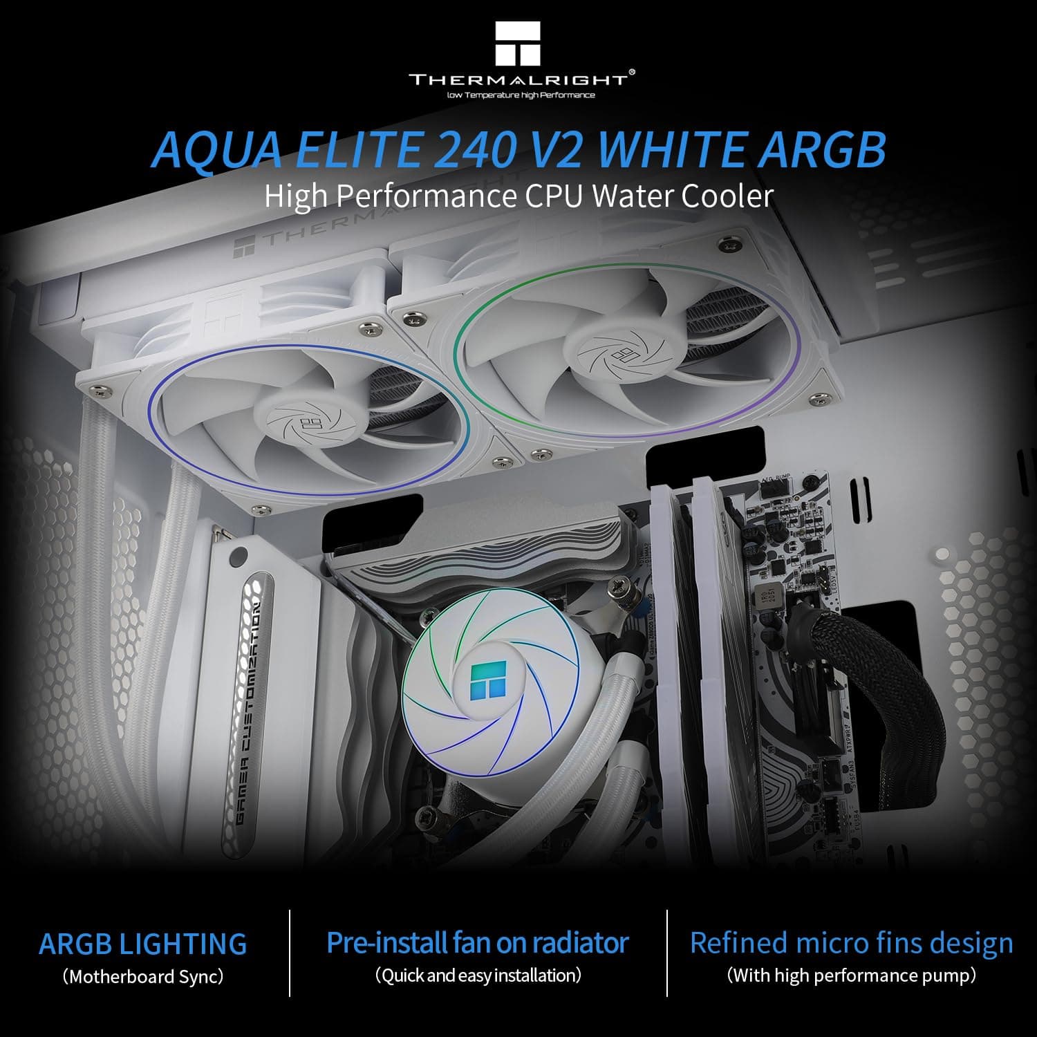 Thermalright AQUA ELITE 240 Weiß ARGB V2 CPU-Wasserkühler, 240 Aio CPU-Kühler, 2xTL-S12W PWM-Lüfter, ARGB-Feinblendeneffekt, für AM4/AM5, Intel LGA1150/1151/1200/1700/1851 240mm White Bild 3