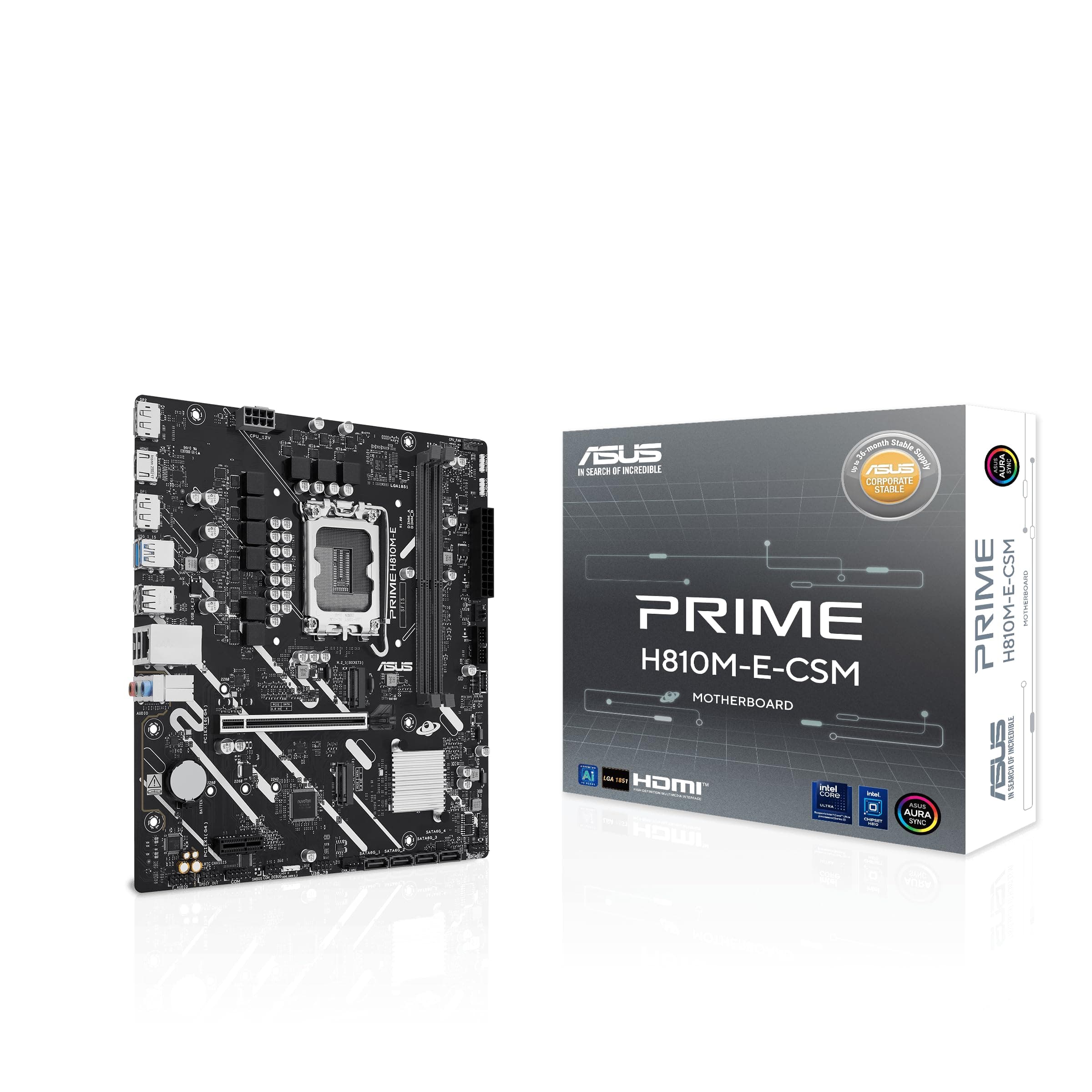 ASUS Prime H810M-E-CSM Intel H810 LGA1851 Micro-ATX Mainboard (Advanced AI PC-Ready, DDR5, PCIe 4.0, 2 x DP, HDMI, USB 5Gbps hinten, USB C 5Gbps vorne, 2 x M.2 Steckplätze, 1Gb Ethernet, Aura Sync) Bild 2