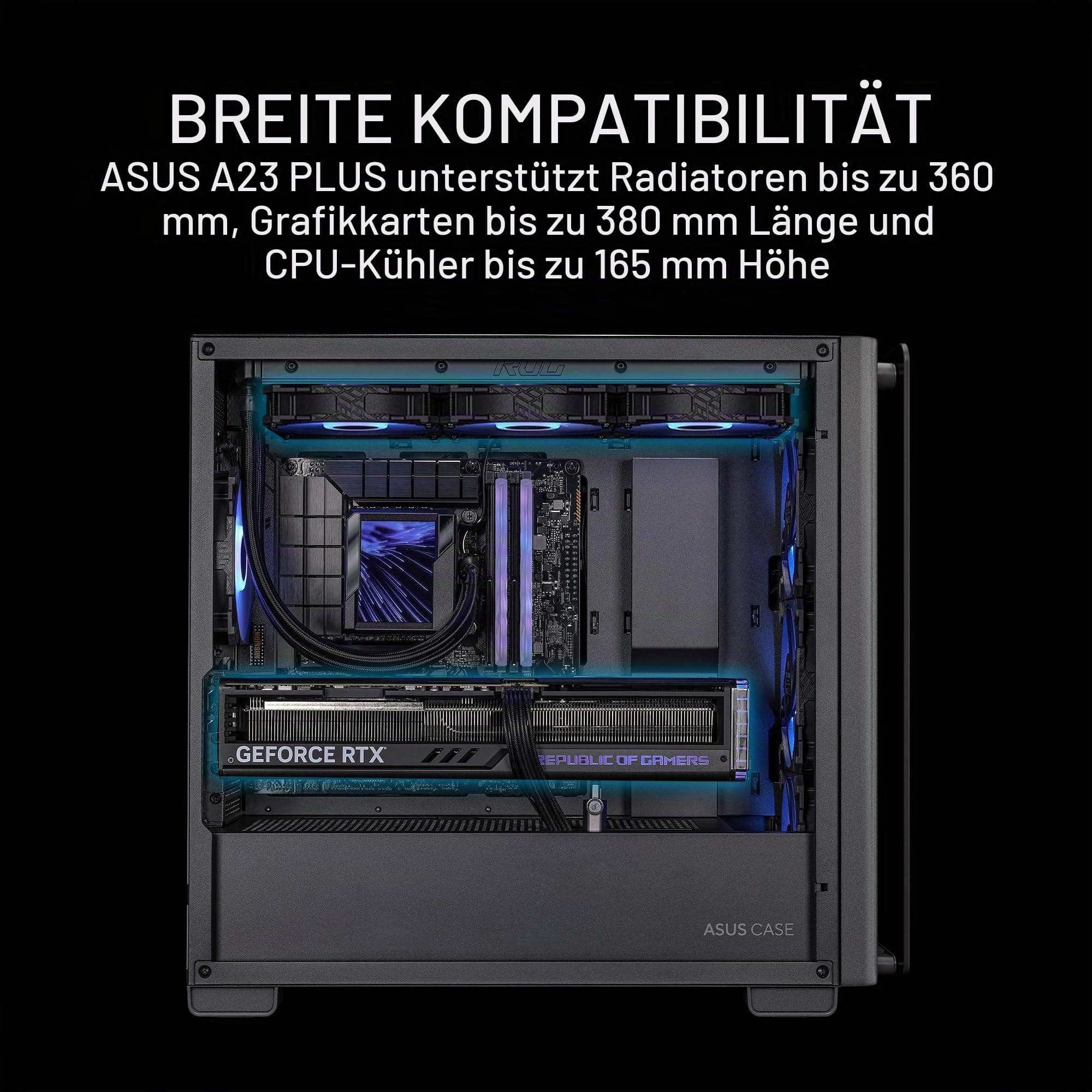 ASUS A23 Plus TG ARGB Black microATX PC Gehäuse (vorinstallierte ARGB-Lüfter, Mesh Frontpanel, kompatibel mit Mainboards mit versteckten Anschlüssen, 360-mm-Radiatoren, 380-mm-Grafikkarten, schwarz) Bild 7