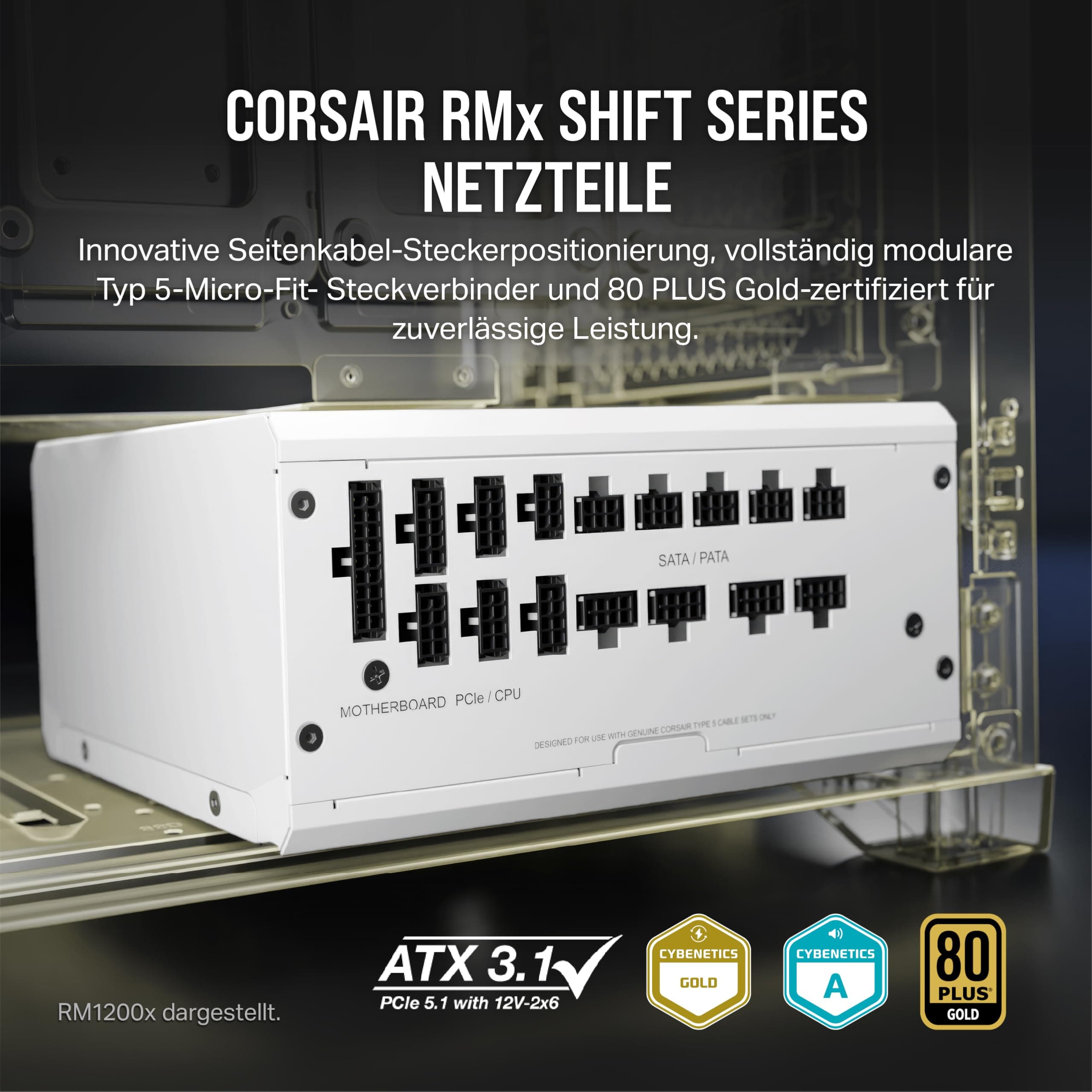 Corsair RM850x SHIFT Vollmodulares ATX-Netzteil - Modulare Seitenschnittstelle - ATX 3.1- & PCIe 5.1-kompatibel - Null-Drehzahl-Lüftermodus - 105°C-Kondensatoren - 80 PLUS Gold-Effizienz - Weiß 850 Watts Weiß Bild 3
