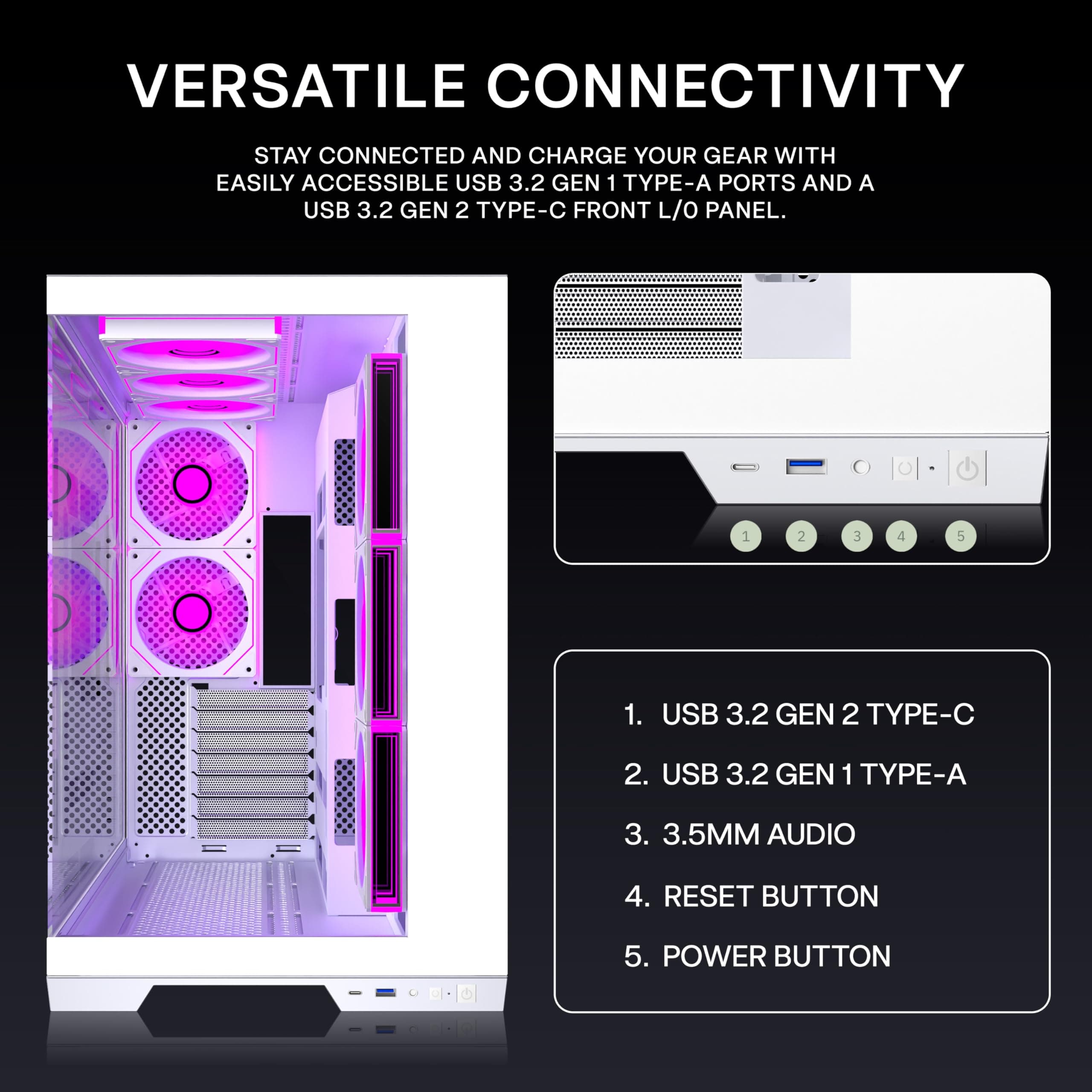 ANSAITE ATX PC-Gehäuse 7×120 mm ARGB PWM-Lüfter vorinstalliert ，Mid-Tower Gaming PC-Gehäuse, Panorama-Gehärtetes Glas Schwarz Computer-Gehäuse mit Typ-C, 360mm Radiator Unterstützung，H-D9 (Weiß) Bild 6