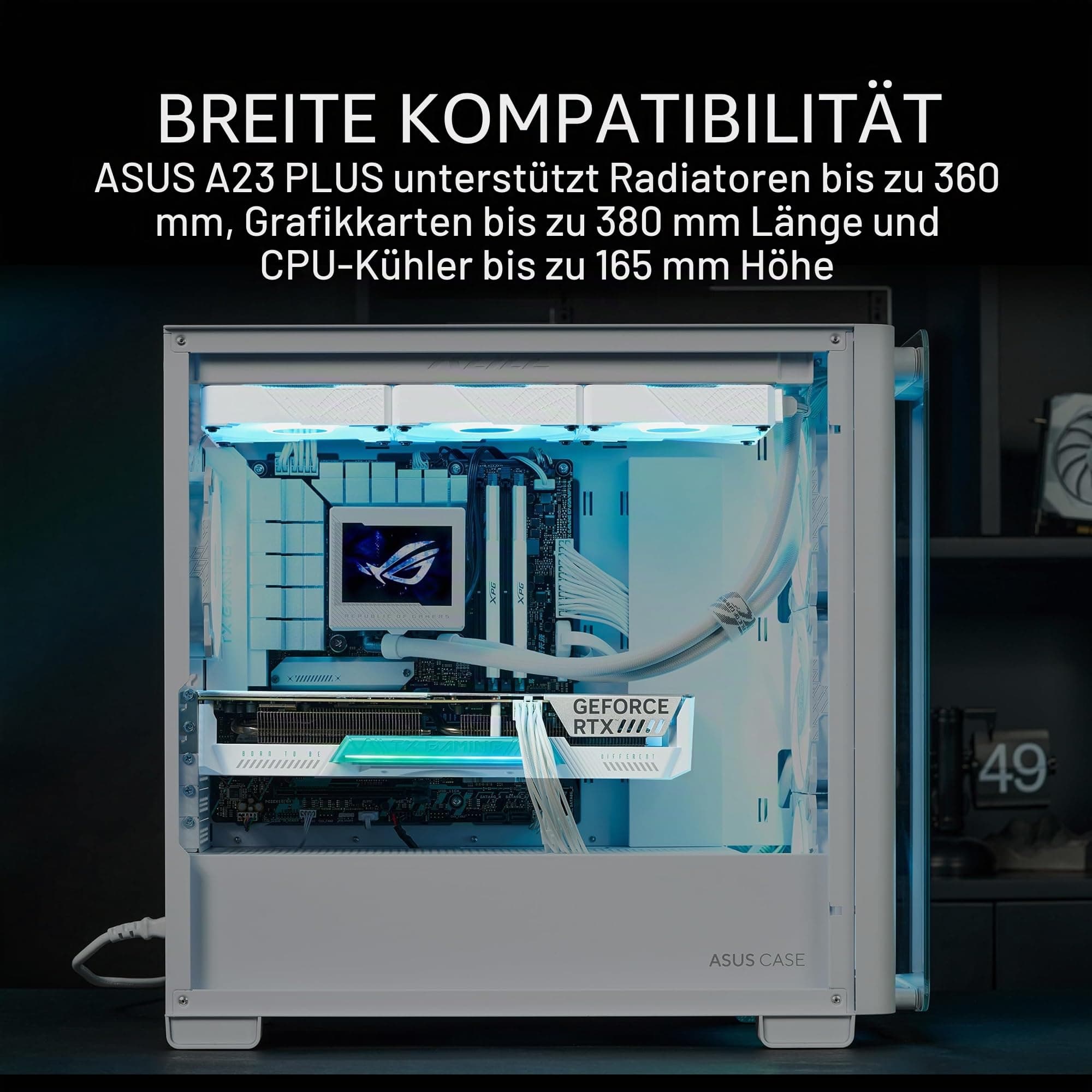 ASUS A21 Plus TG ARGB White Micro ATX-Gehäuse, unterstützt Motherboards mit versteckten Anschlüssen, 360-mm-Radiatoren und 380-mm-Grafikkarten, 4 vorinstallierte ARGB-Lüfter, Weiß Bild 7