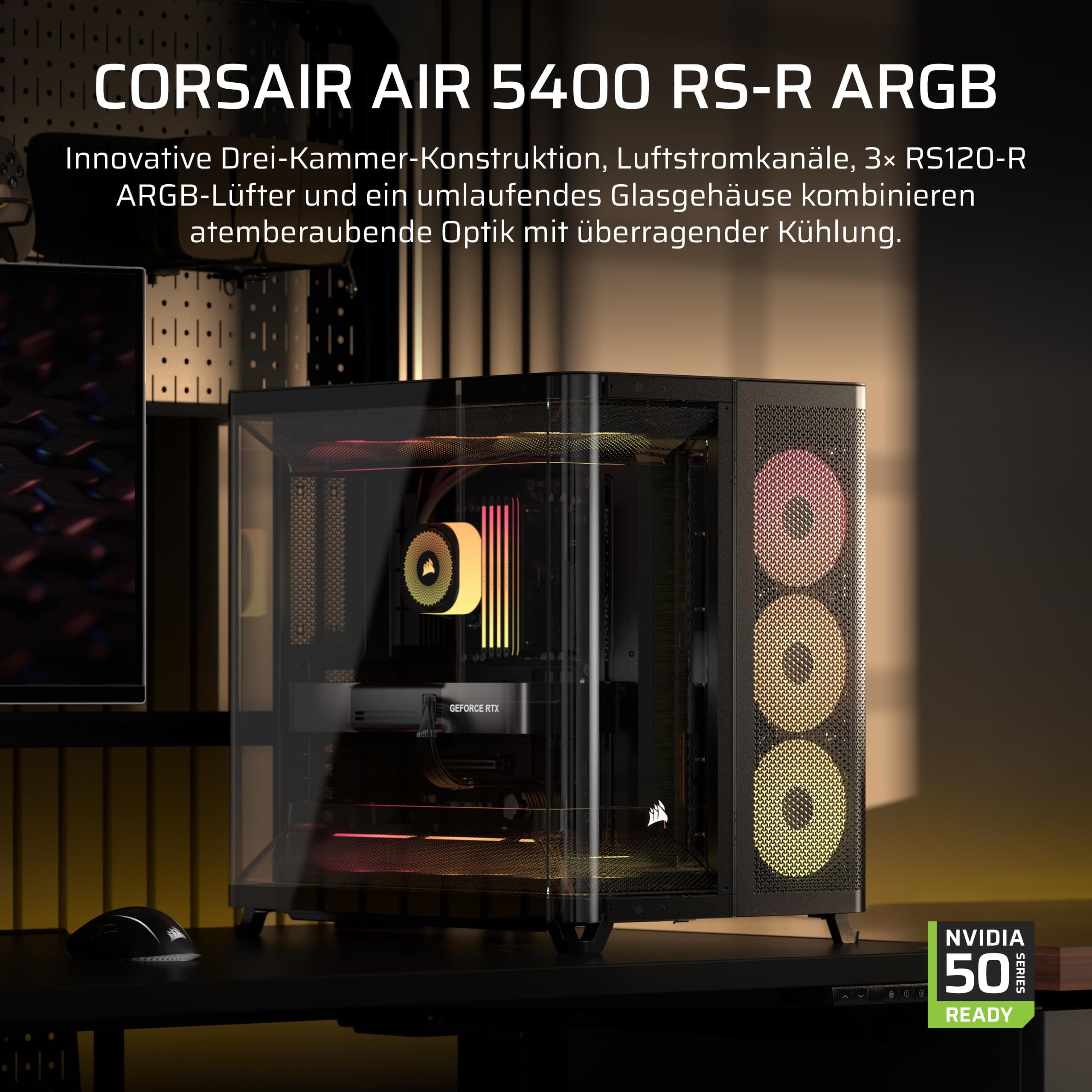 CORSAIR AIR 5400 RS-R ARGB Dreifach-Kammer-Mid-Tower PC-Gehäuse – 3X Vorinstallierte Reverse-Rotor RS120-R ARGB-Lüfter, Luftkanäle für Starke Kühlung, Reverse Motherboard-Unterstützung – Schwarz Bild 3