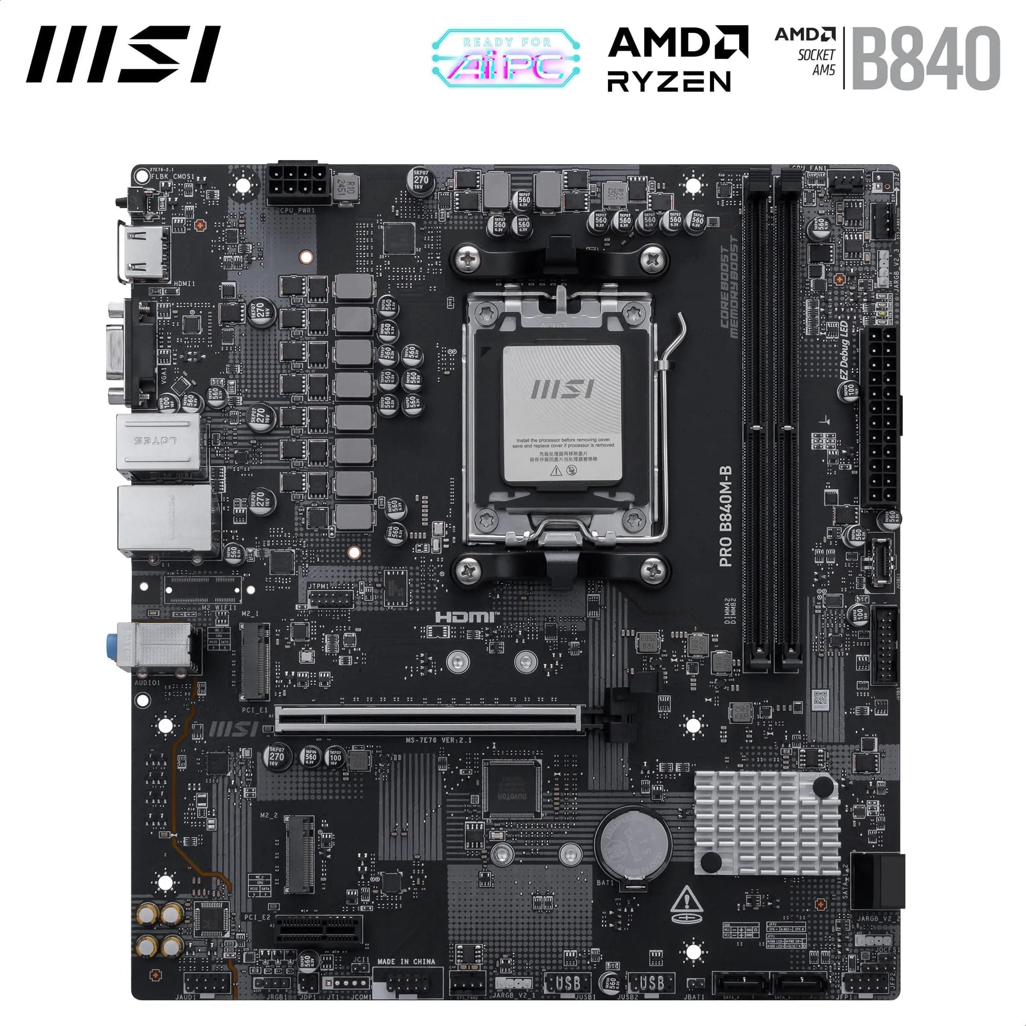 MSI PRO B840M-B Mainboard, mATX - Unterstützt AMD Ryzen 9000/8000 / 7000 Prozessoren, AM5 - DDR5 Memory Boost (8000+ MT/s OC), PCIe 4.0 x16, M.2 Gen4, 2.5G LAN Bild 3