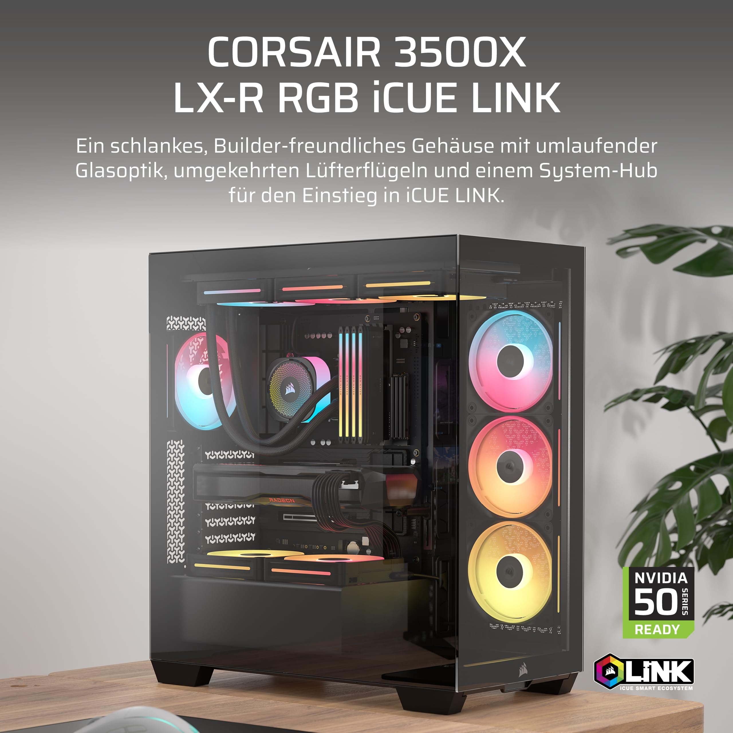 CORSAIR 3500X LX-R RGB iCUE LINK Panoramaglas Mid-Tower-PC-Gehäuse – 3 x LX120-R RGB-Lüfter und iCUE LINK System Hub Inklusive, GPU-Anti-Sag-Arm, Platz für bis zu 10 x 120-mm-Lüfter – Schwarz Bild 4