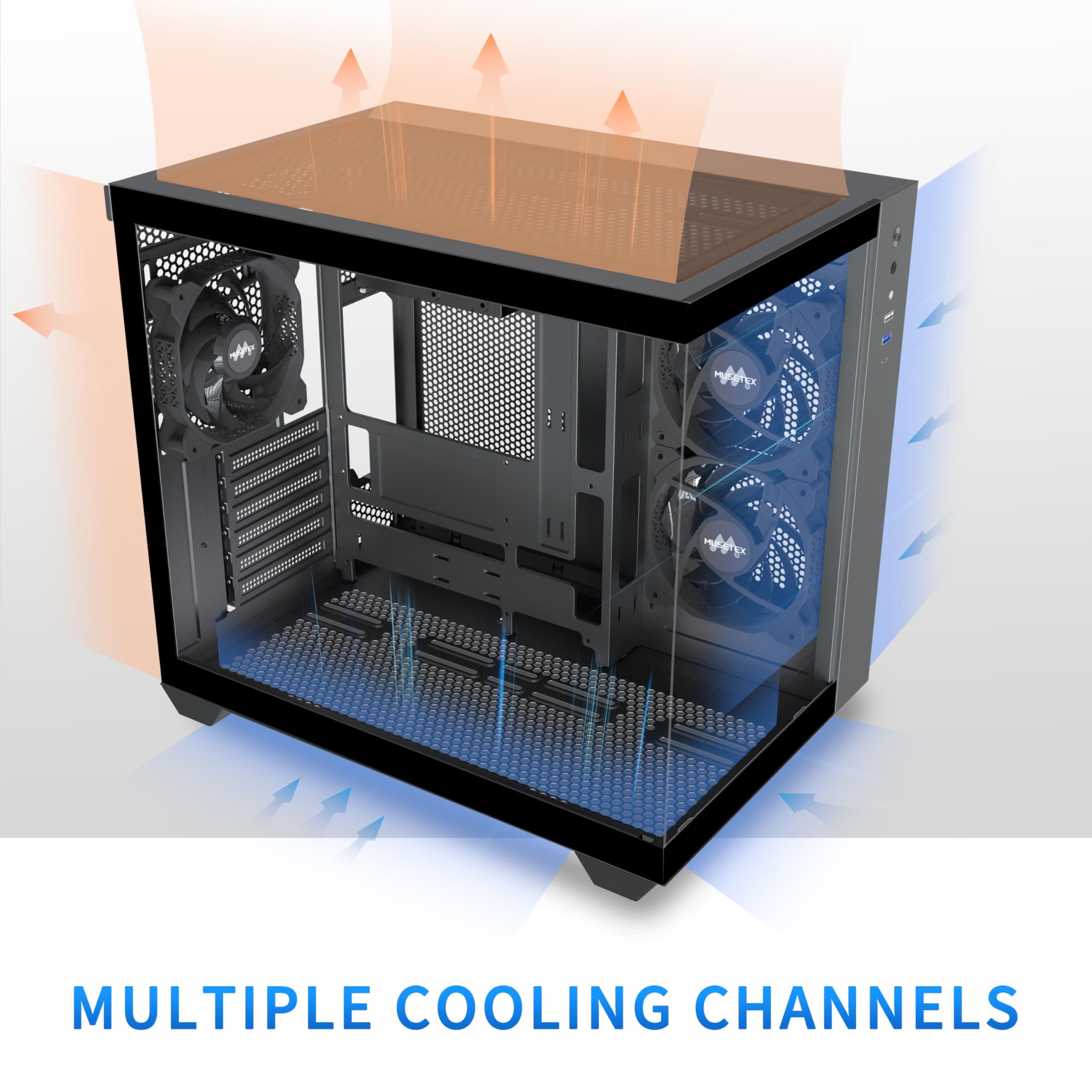 MUSETEX PC Gehäuse ATX, 3 Non-LED Lüfter vorinstalliert Gaming PC Gehäuse, 270° Full-View Tempered Glass PC Case mit Type-C, Mid Tower ATX Computer Gehäuse, Schwarz, Y6 42T x 29,5B x 36,8H cm Bild 5