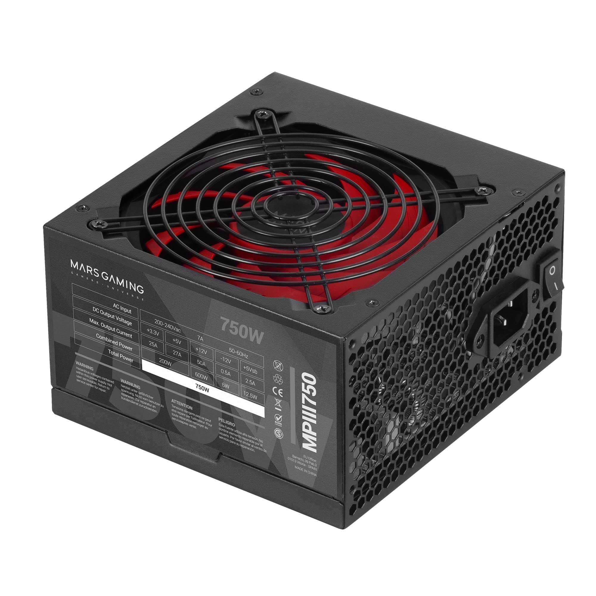 Mars Gaming MPIII750, PC ATX 750W Netzteil, 5 Jahre Garantie, 85% Wirkungsgrad, Digitales APFC System, 120 mm AI-RPM FDB Lüfter, DC und SMD Technologien, Extralange Flachkabel, Schwarz