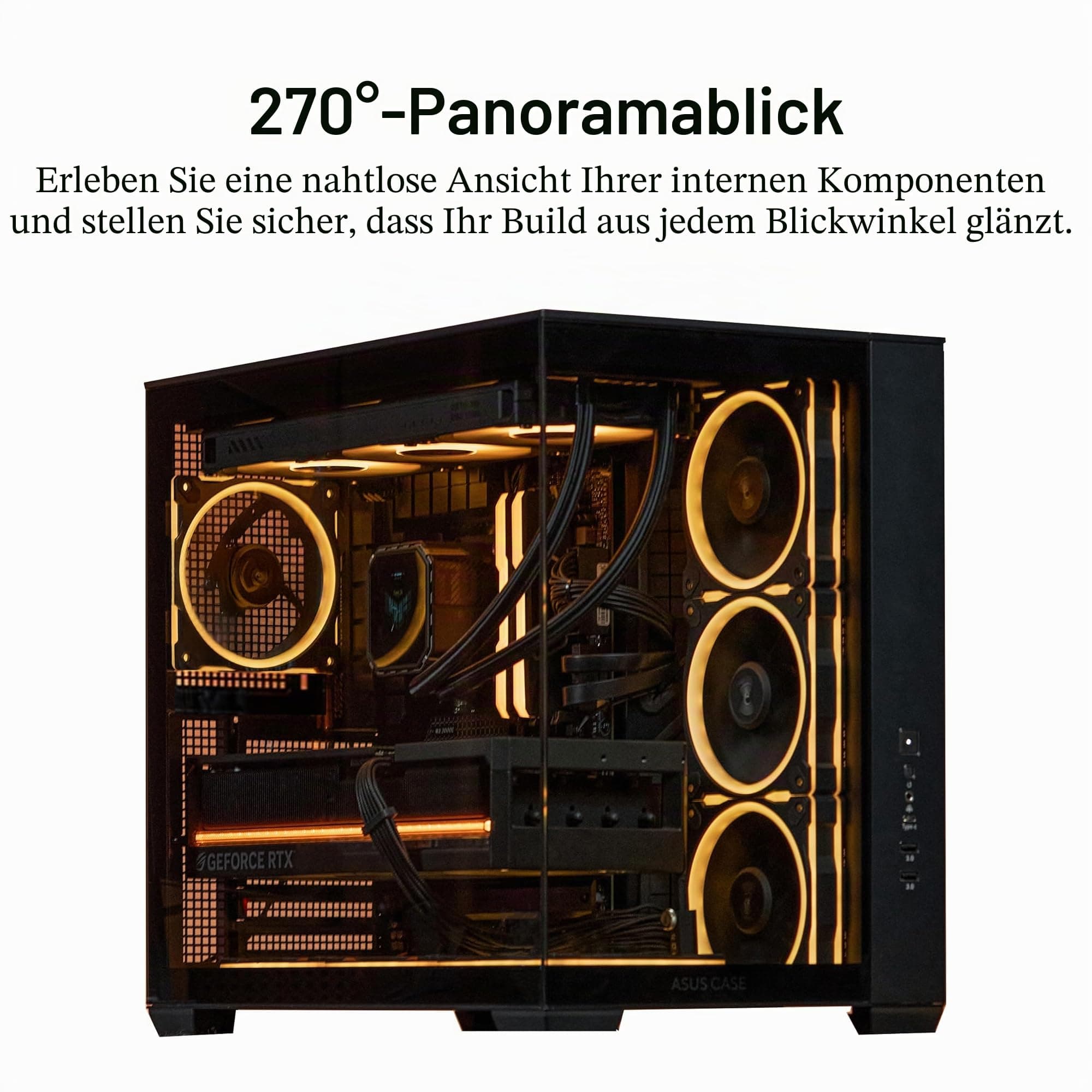 ASUS A32 Plus Black ATX-PC Gehäuse (vorinstallierte ARGB-Lüfter, Panorama-Design, Frontpanel aus Glas, kompatibel mit 360-mm-Radiatoren und 420-mm-Grafikkarten, Frontpanel USB Typ-C, Schwarz) Bild 3