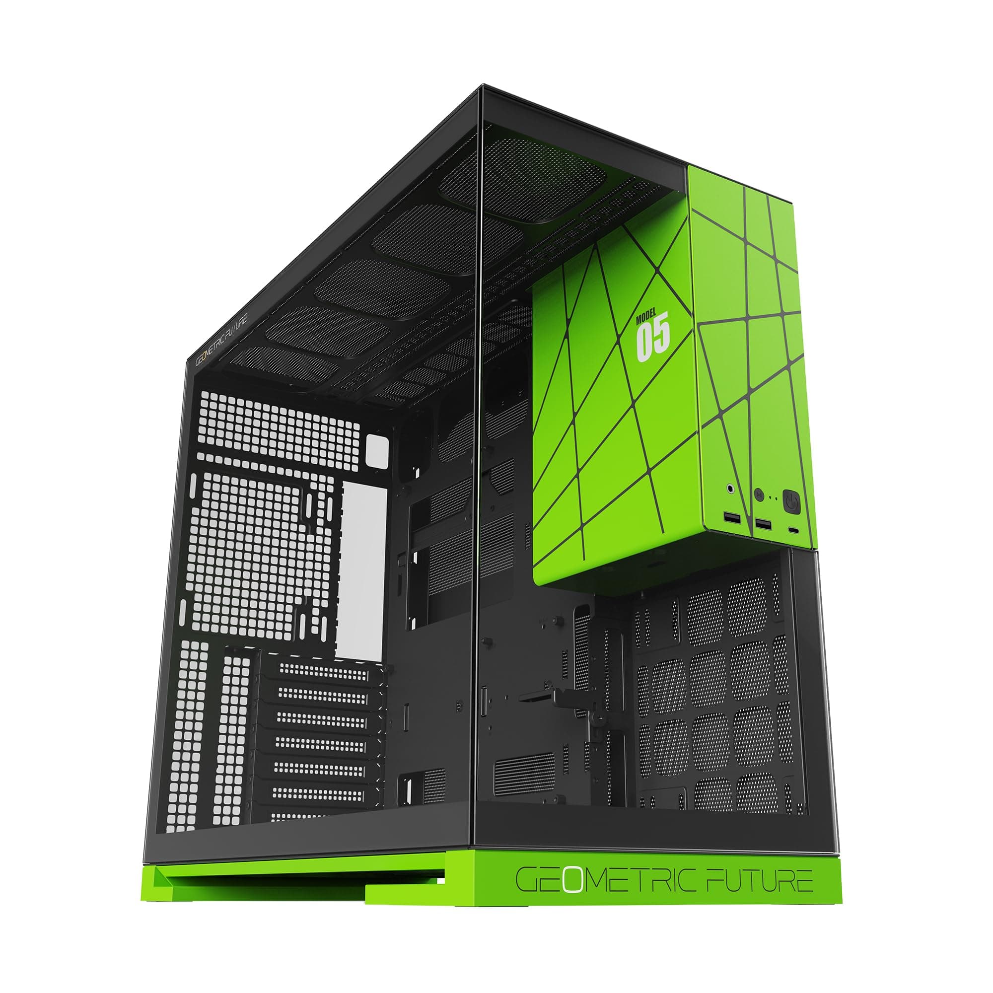 Geometric Future M5 Tempered Glass Mid Tower, E-ATX/ATX Gaming Case, 1.2mm Steel, Type C, Toolless Panels, Support 420/360 Radiator, Dual-Chamber, Black/Green, GEO-M5-BNY schwarz/grün Glass ver