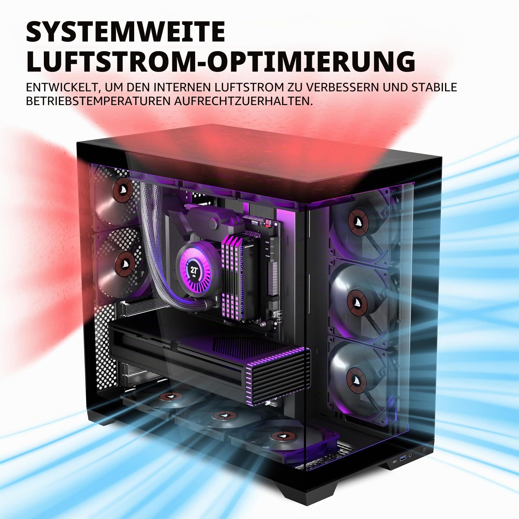 KEDIERS PC-Gehäuse ATX 5 Lüfter vorinstalliert, Typ-C-Mid-Tower-Computergehäuse mit Full-View-Dual-Hartglas, Gaming-PC-Gehäuse, Schwarz Bild 7