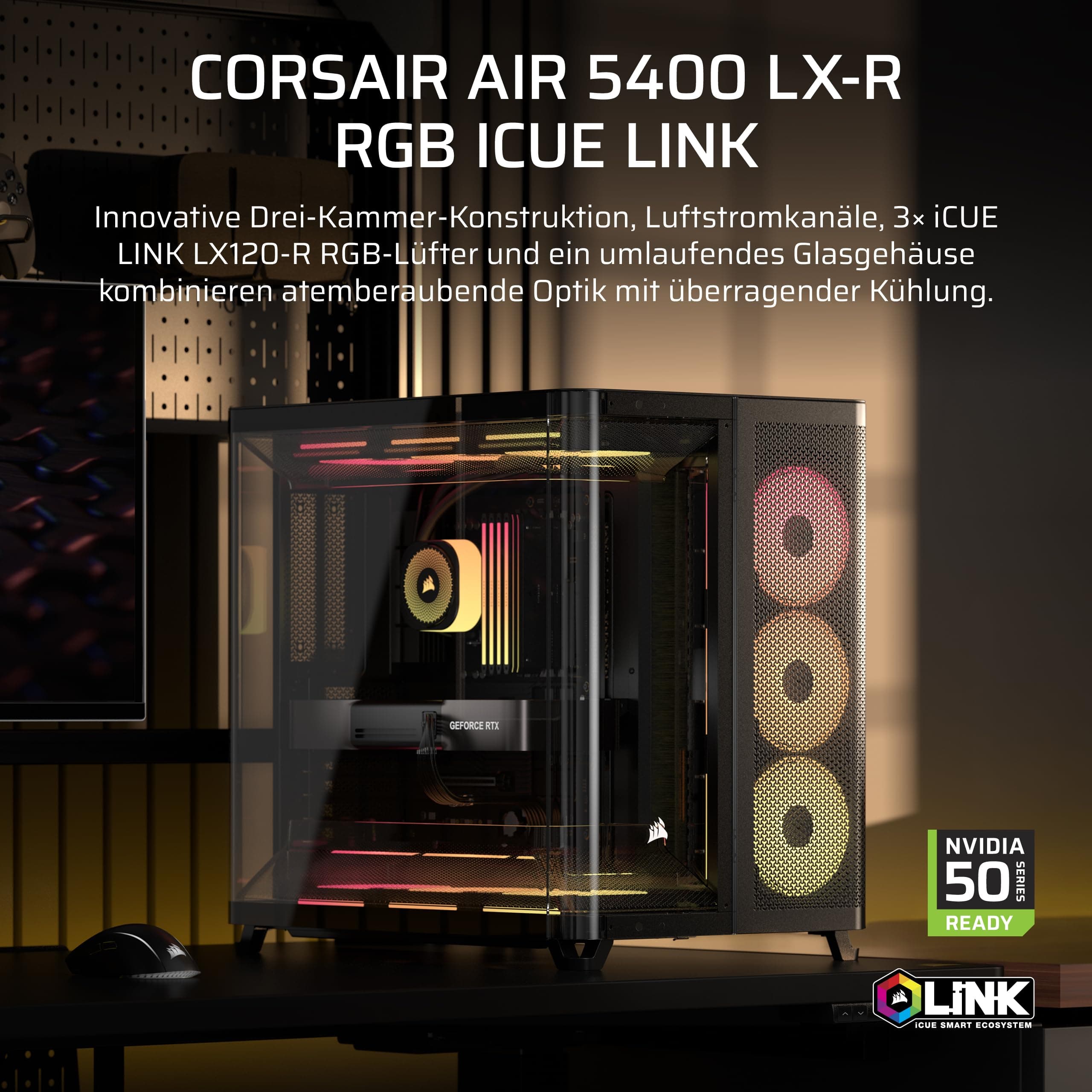 CORSAIR AIR 5400 LX-R RGB iCUE LINK Mid-Tower PC-Gehäuse – Schwarz | Dreifach-Kammer, 3x Vorinstallierte Reverse-Rotor LX-R RGB-Lüfter, Reverse Motherboard-Unterstützung Bild 3