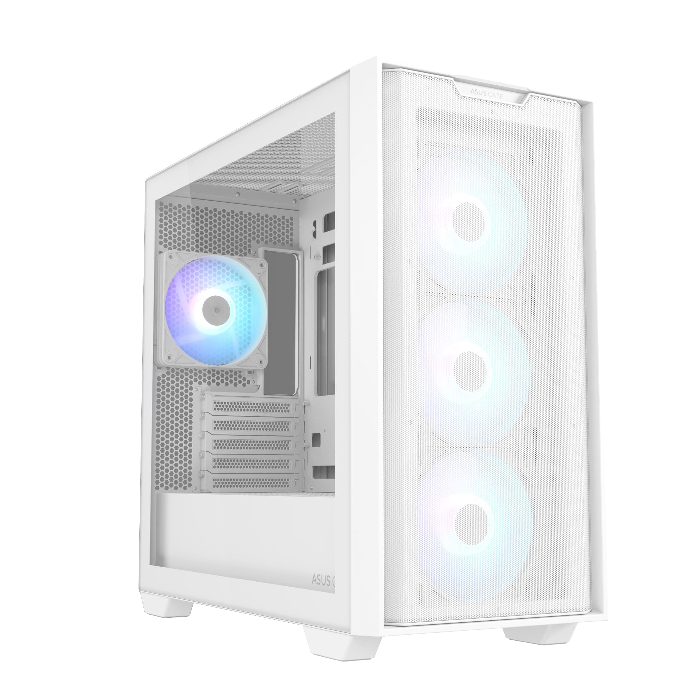 ASUS A21 Plus TG ARGB White microATX PC Gehäuse (vorinstallierte ARGB-Lüfter, Mesh Frontpanel, kompatibel mit Mainboards mit versteckten Anschlüssen, 360-mm-Radiatoren, 380-mm-Grafikkarten, weiß) Bild 7