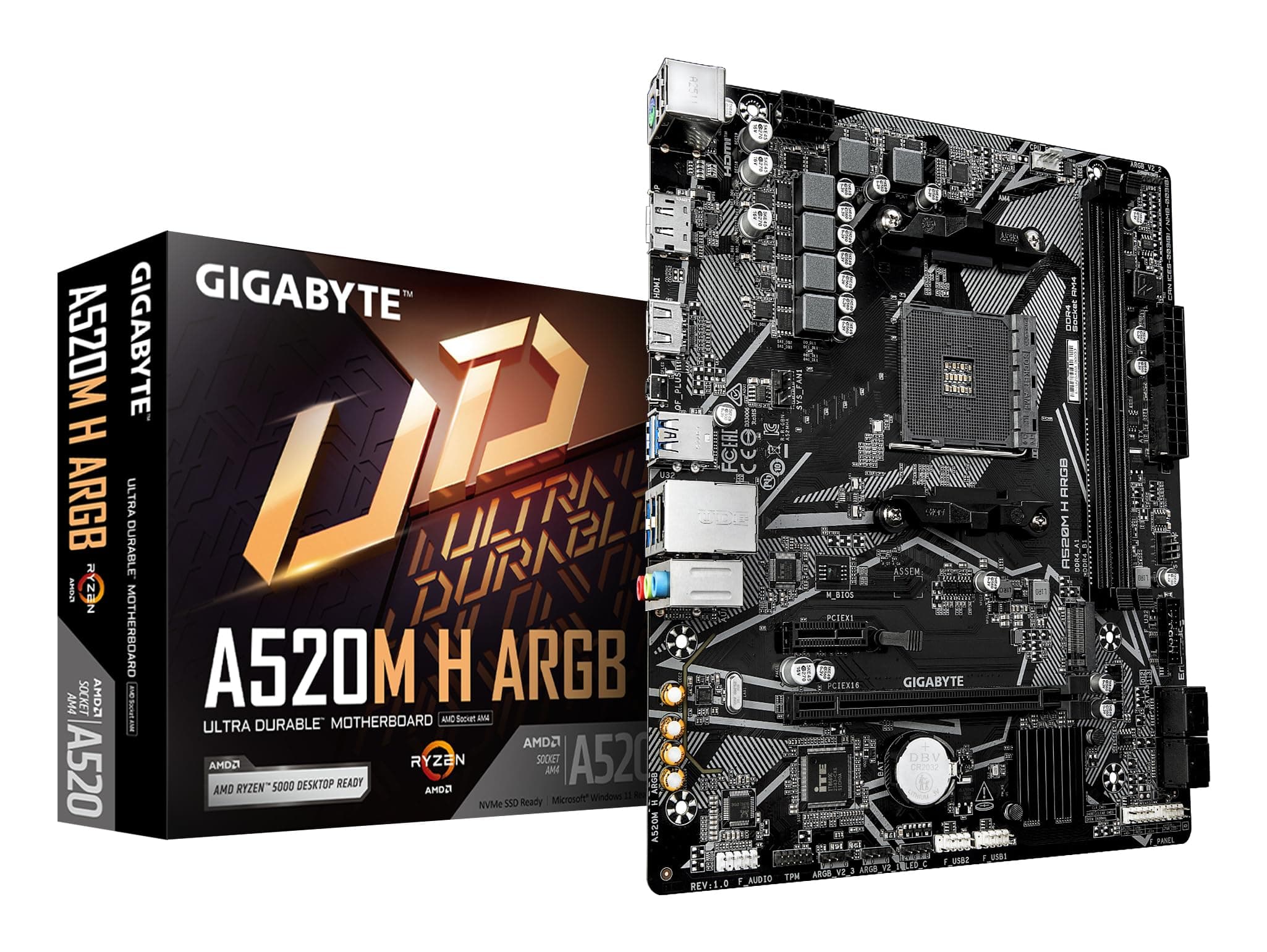 GIGABYTE A520M H ARGB Mainboard – Unterstützt AMD Ryzen 5000 Prozessoren, bis zu 5100 MHz DDR4 (OC), PCIe 3.0 x4 M.2, 1-GbE-LAN, USB 3.2 Gen 1 Bild 2