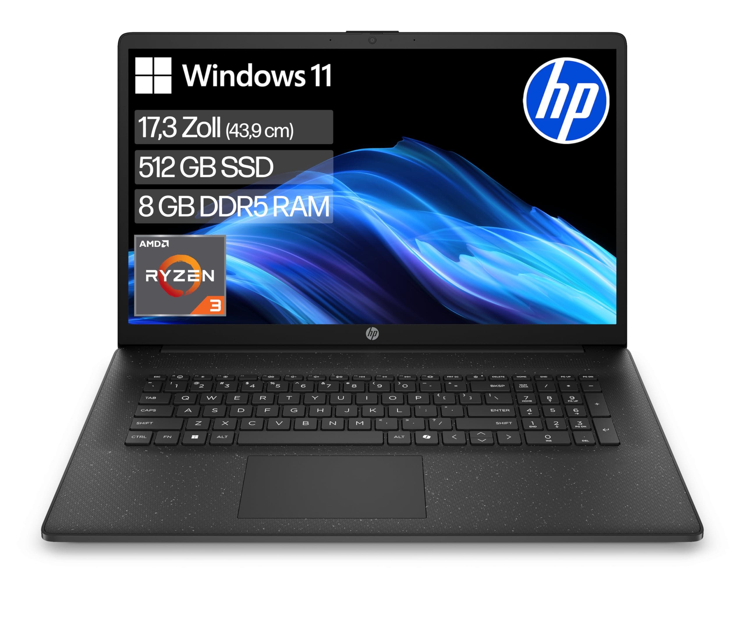 HP Laptop mit 17,3" FHD Display, AMD Ryzen 3 7320U, 8 GB DDR5 RAM, 512 GB SSD, AMD Radeon Grafik, Windows 11, QWERTZ, Schwarz inkl. 25 GB Dropbox-Speicher für 12 Monate AMD Ryzen 3 7320U + 8 GB DDR5 RAM + 512 GB SSD Copilot Keyboard Schwarz