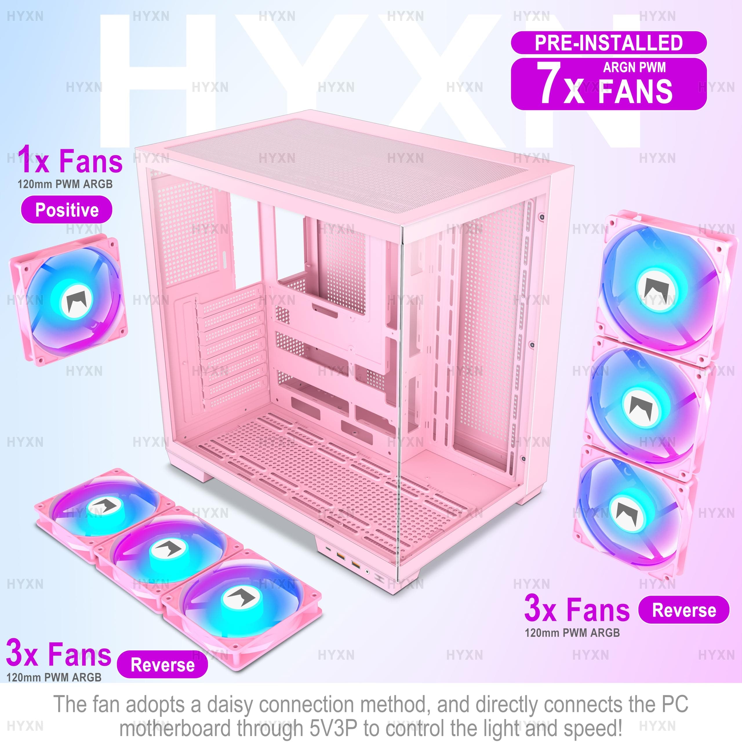 H1 ATX PC Gehäuse – Vorinstallierte 7 PWM ARGB Lüfter, Dual Kammer Mid Tower Gaming PC Gehäuse, mit Type-C, gleichzeitige Installation von 3X 360 mm Kühler (weiß, H1) H1 weiß Bild 6