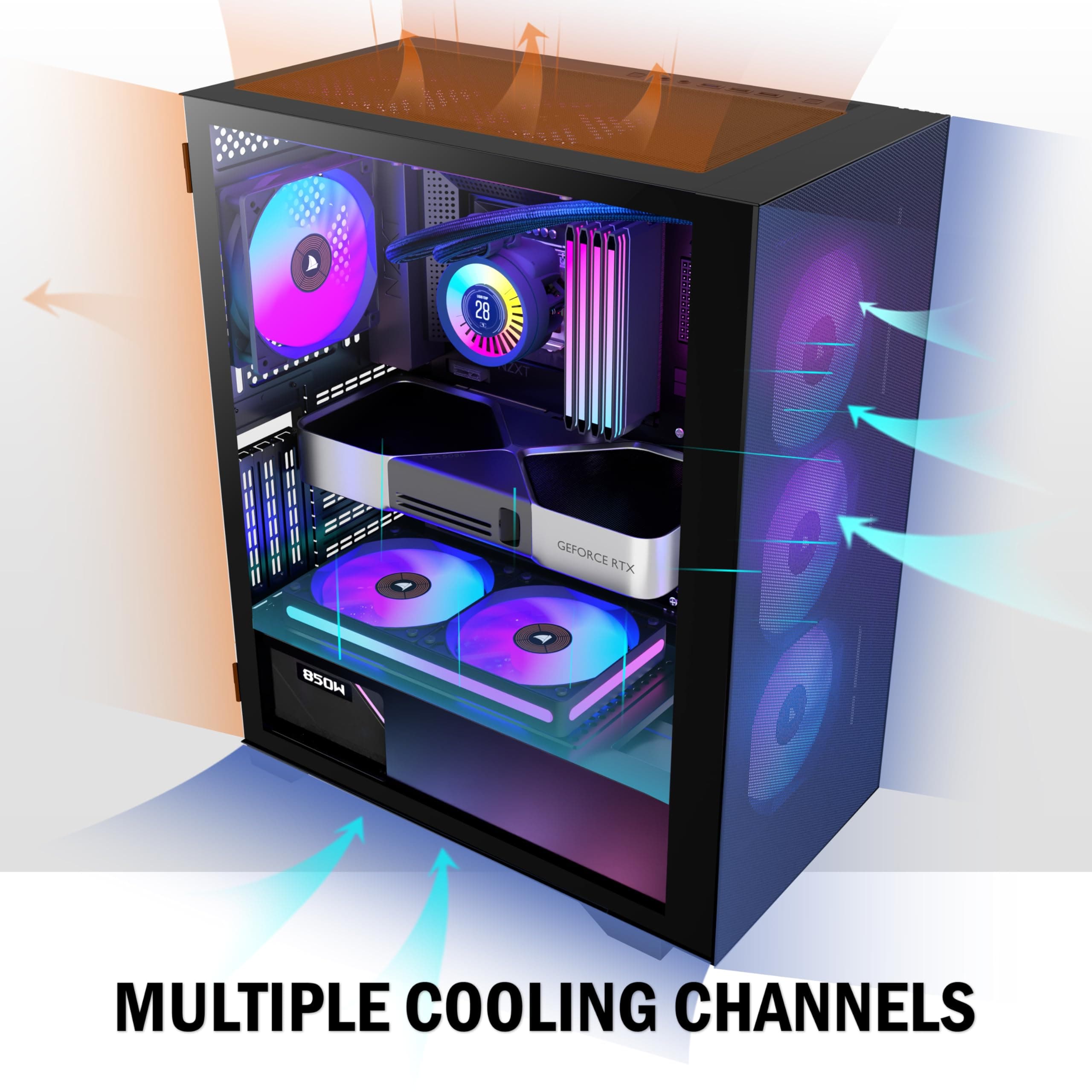 KEDIERS PC-Gehäuse, vorinstalliert 6*PWM ARGB-Gehäuselüfter, ATX Mid Tower, Gaming-Gehäuse mit Öffnung aus gehärtetem Glas, Seitenteiltür, Netz-Computergehäuse, schwarz Bild 3